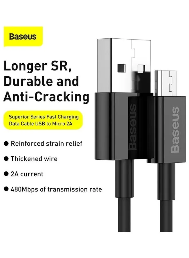 كابل مايكرو USB للشحن السريع من منفذ USB إلى مايكرو USB 2.0 للأجهزة بنظام تشغيل أندرويد مناسب لهاتف جالاكسي S7 وS6 ونوت، وإل جي، ونيكسوس، ونوكيا، وبلايستيشن 4 بطول 2 متر أسود-2