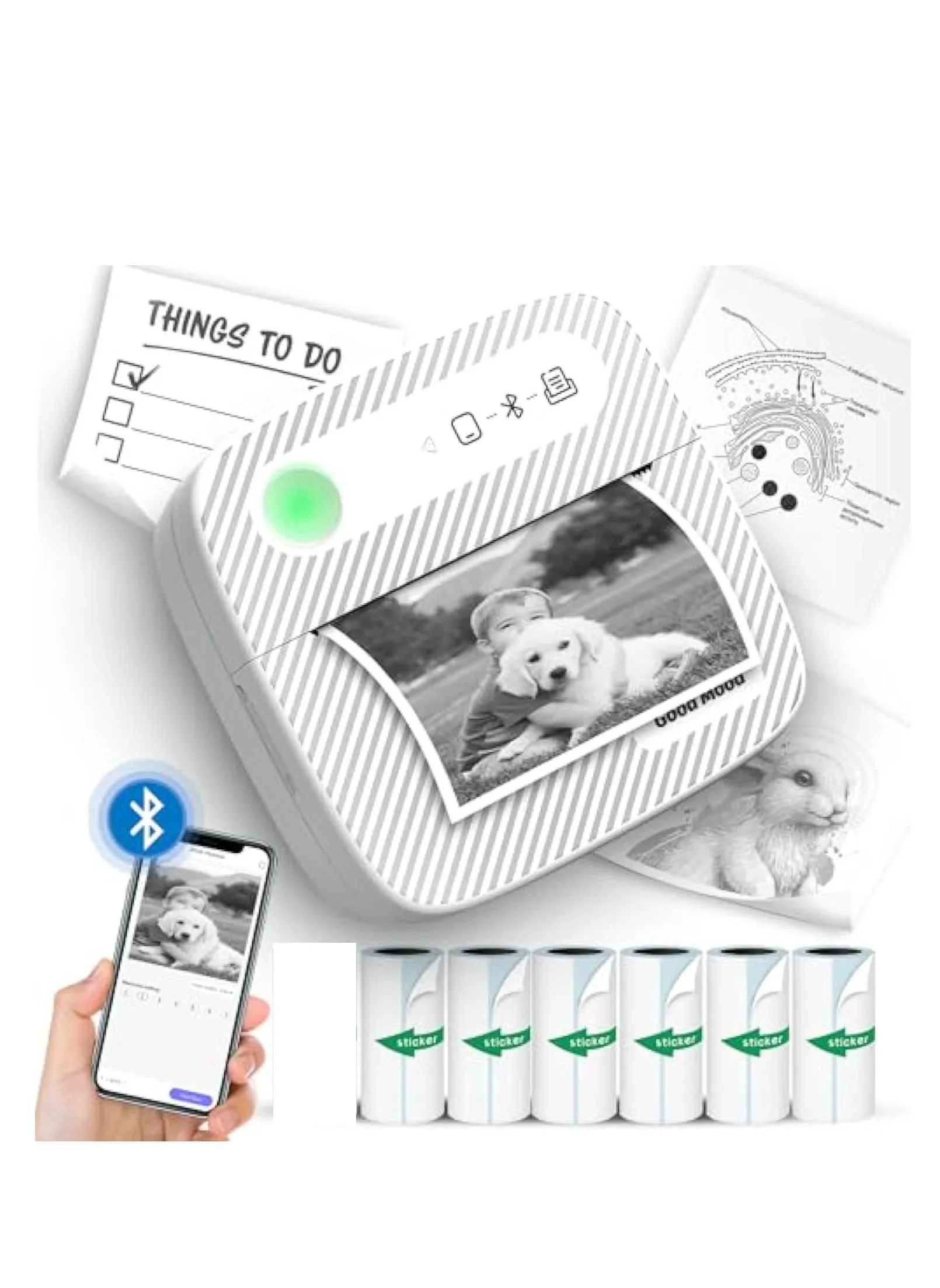 Mini Printer with 6 Rolls Sticker Paper, Portable Sticker Printer Efficiently and Quickly, Thermal-Wireless-Bluetooth-Mini Inkless-Printer, Pictures, DIY, Label, Free App with Multiple Templates-1