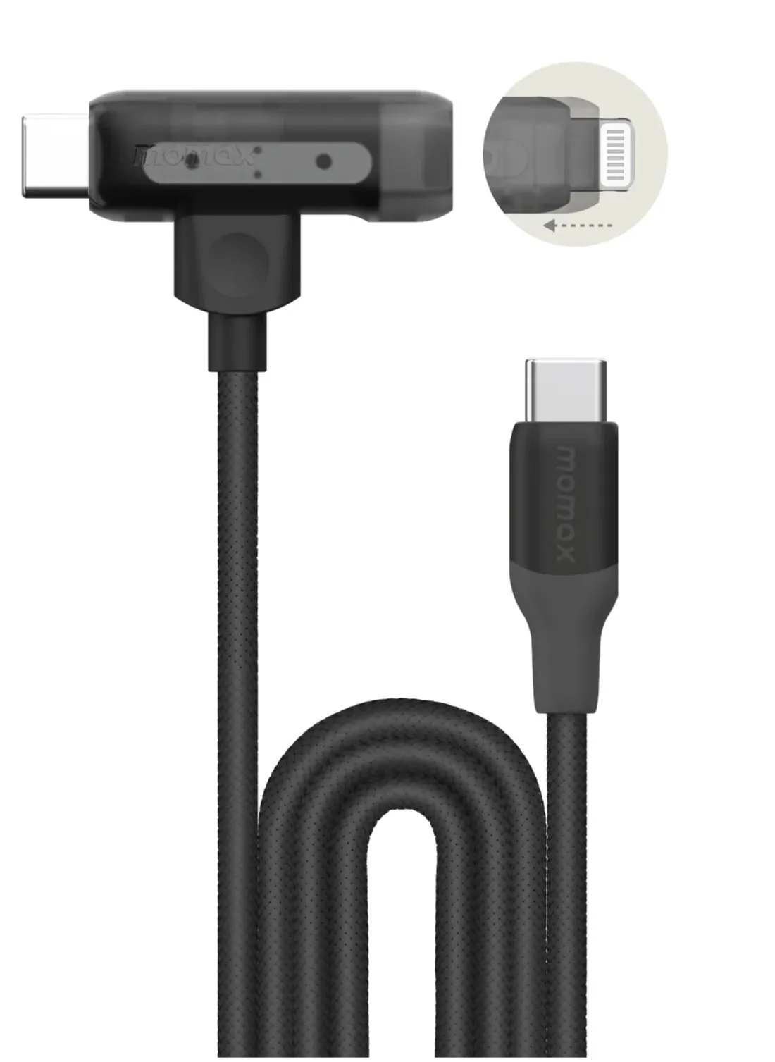 سلك شحن مضفر موماكس 2-في-1، USB-C إلى Lightning و USB-C، بطول 1.5 متر، شحن سريع ونقل بيانات، معتمد من Apple، أسود-1