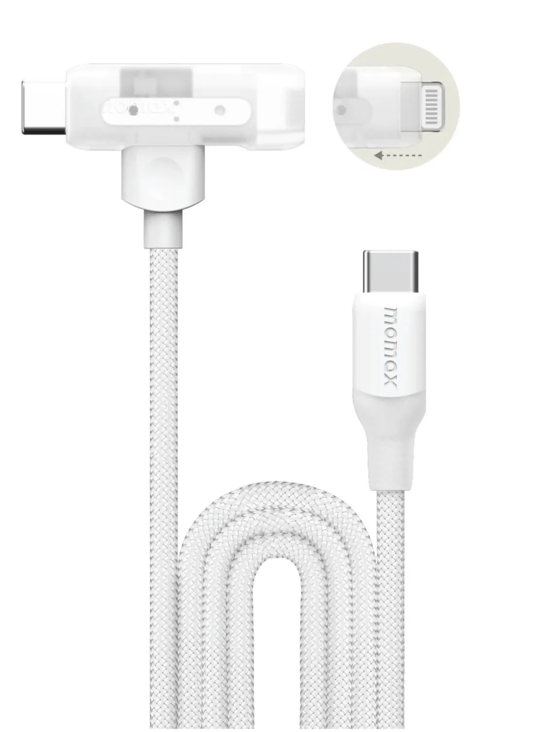 Momax 60W 1.5m 2-in-1 USB-C to Lightning Fast Charging Cable White - Apple MFi Certified, Durable Premium Braided Nylon, Slide to switch Lightning to USB-C cable, Translucent design-1