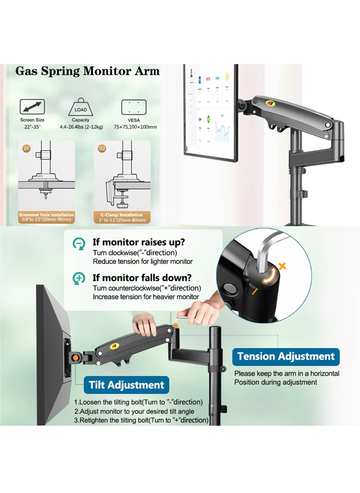 Monitor Desk Mount Arm for 22''-35''Monitors from 4.4 to 26.4lbs,Ultra Wide Full Motion Swivel Height Adjustable Monitor Stand H100-2