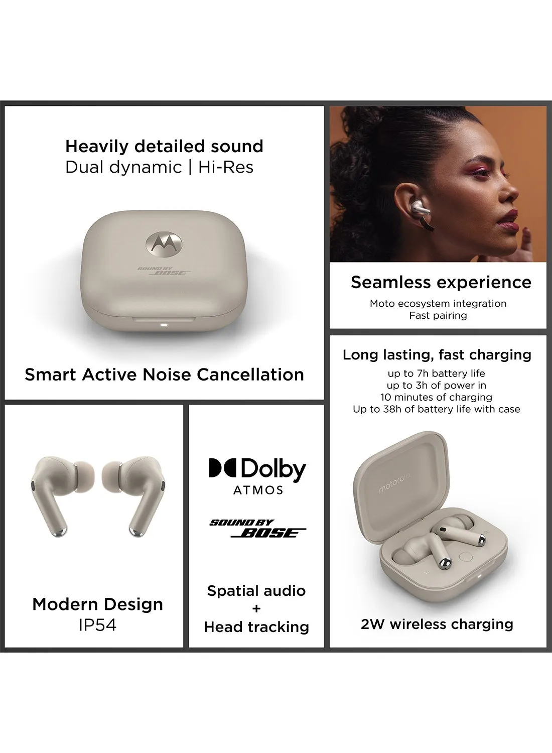 Moto Buds+ مدعوم من Bose، سماعة أذن لاسلكية، سماعات أذن بلوتوث Tws، Anc، تصميم Dolby Atmos الفريد، صوت عالي الدقة، شحن سريع، عمر بطارية طويل، مقاومة للماء-2