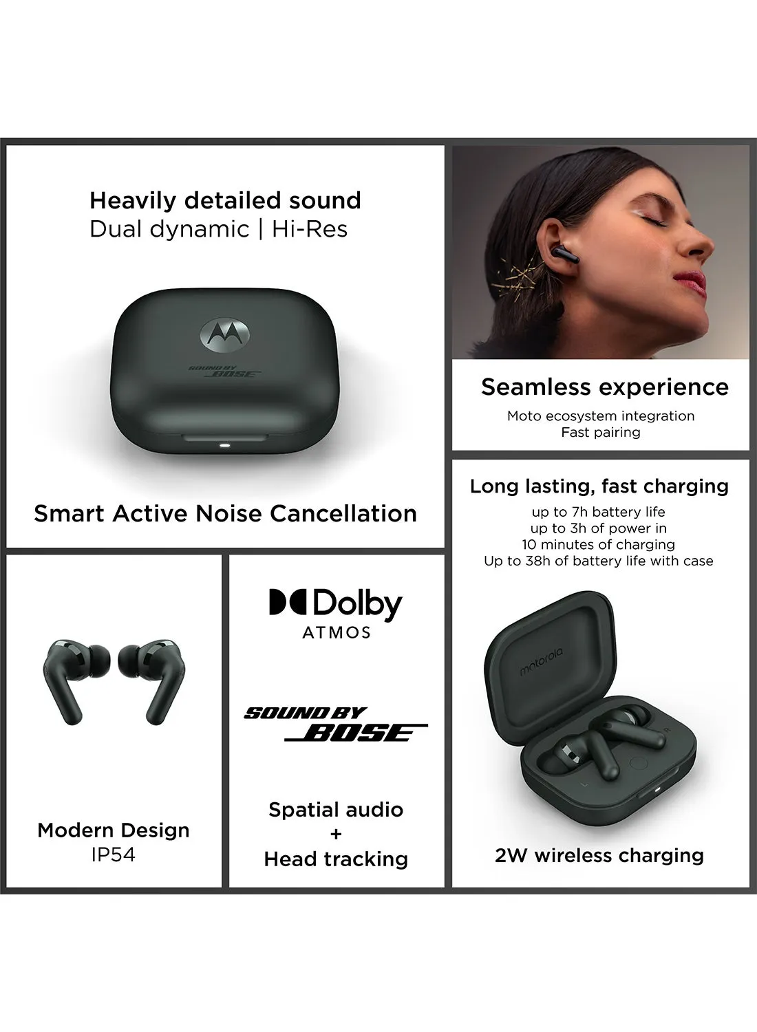 Moto Buds+ مدعوم من Bose، سماعة أذن لاسلكية، سماعات أذن بلوتوث Tws، Anc، تصميم Dolby Atmos الفريد، صوت عالي الدقة، شحن سريع، عمر بطارية طويل، مقاومة للماء-2