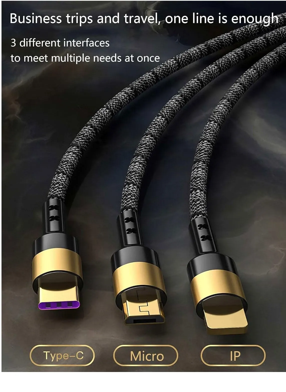 Multi Charging Cable, 3 in 1 Nylon Braided 4FT/1.5M Multiple USB Charging Cord Adapter, IP/Type C/Micro USB Port Connectors Compatible with iphone Cell Phones Tablets and More-2