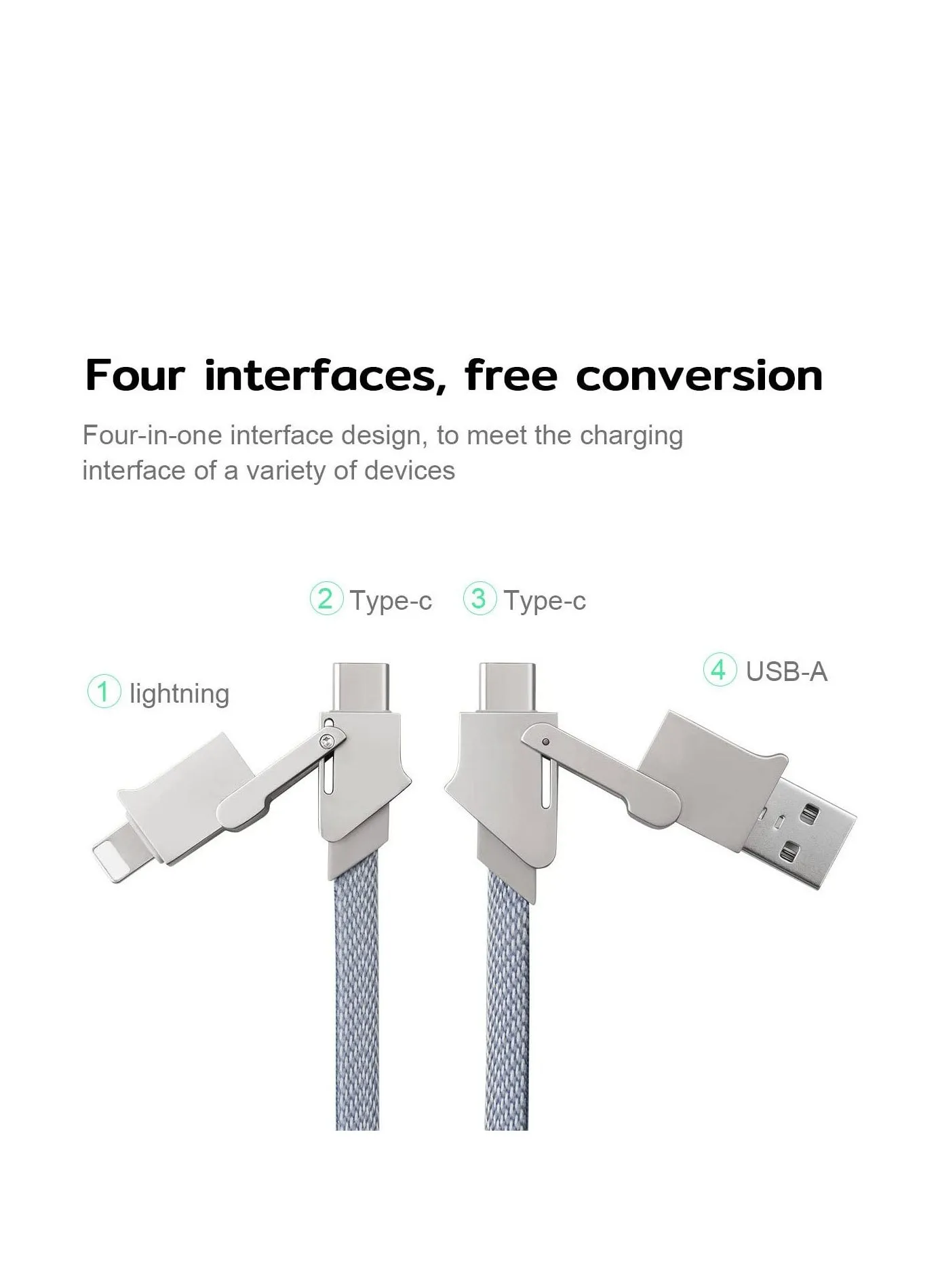 كابل شحن متعدد، 4 في 1 مضفر من النايلون بطول 3 أقدام/1 متر، محول سلك شحن USB متعدد، موصلات Lightning/Type C/USB A متوافقة مع هواتف iPhone المحمولة والأجهزة اللوحية والمزيد-2