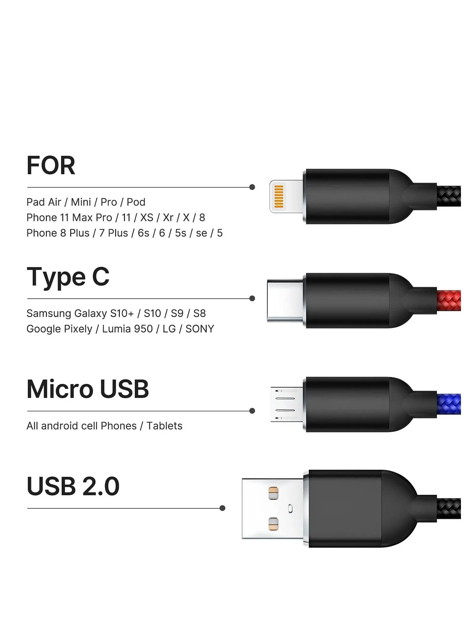 كابل شحن متعدد ، كابل شاحن متعدد ، كابل شحن 3 في 1 من النايلون المضفر ، كابل شحن USB متعدد ، سلك شحن سريع مع Type-C ، Micro USB ومنفذ إضاءة ، متوافق مع معظم الهواتف وأجهزة iPad 2 عبوات-2