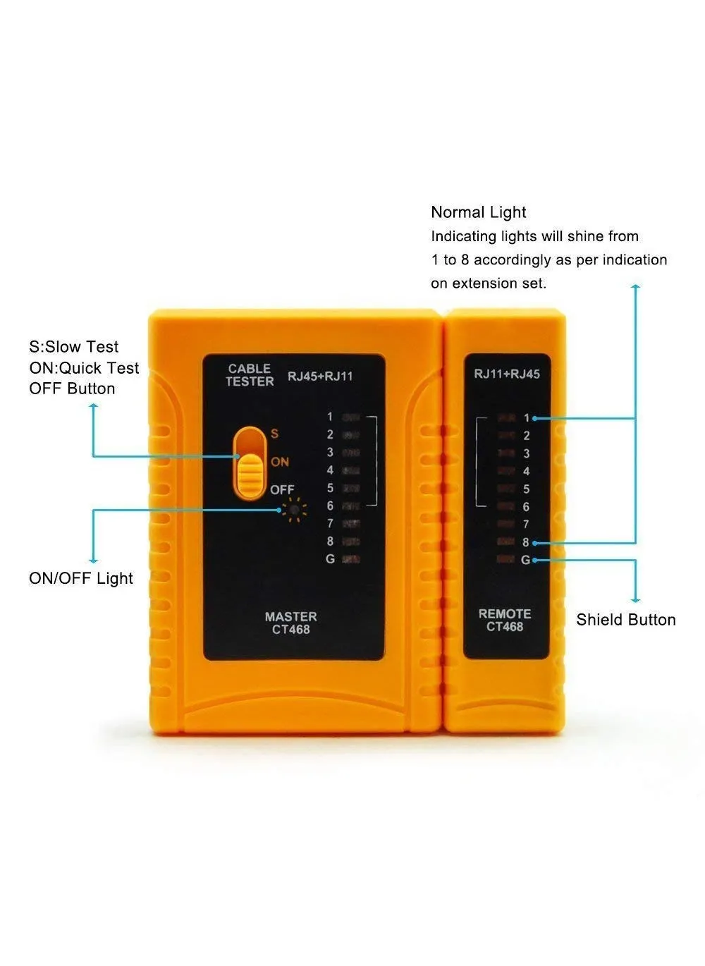 جهاز اختبار كابلات الشبكة متعدد الوظائف لـ RJ11 RJ12 RJ45 CAT5 CAT6 CAT7 أصفر-2