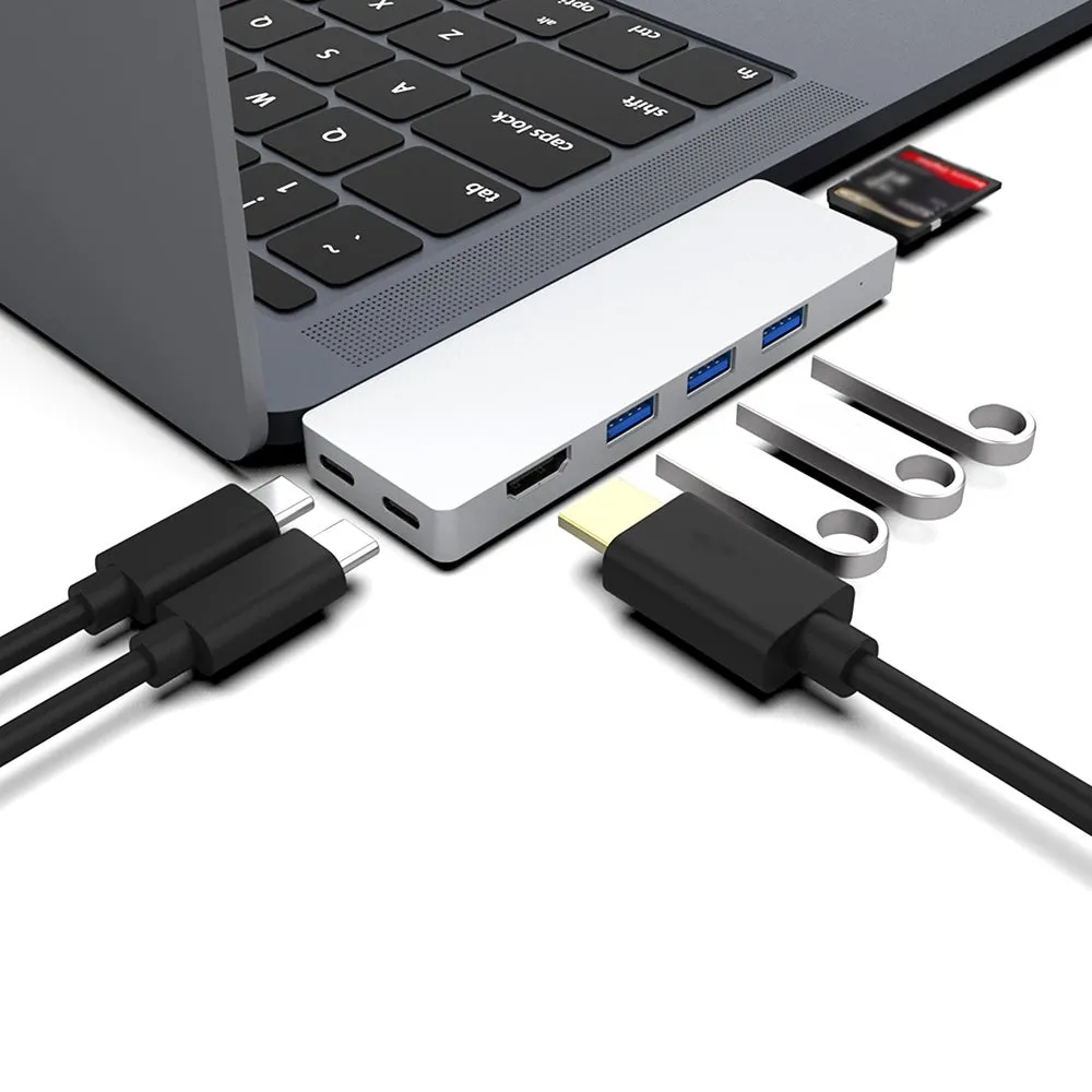 محول موزع بمنفذ USB Type-C مزدوج متعدد المنافذ مزود بمنفذ ثندربولت 3 بدقة 4K عالية الوضوح وقارئ بطاقات SD/TF فضي-2