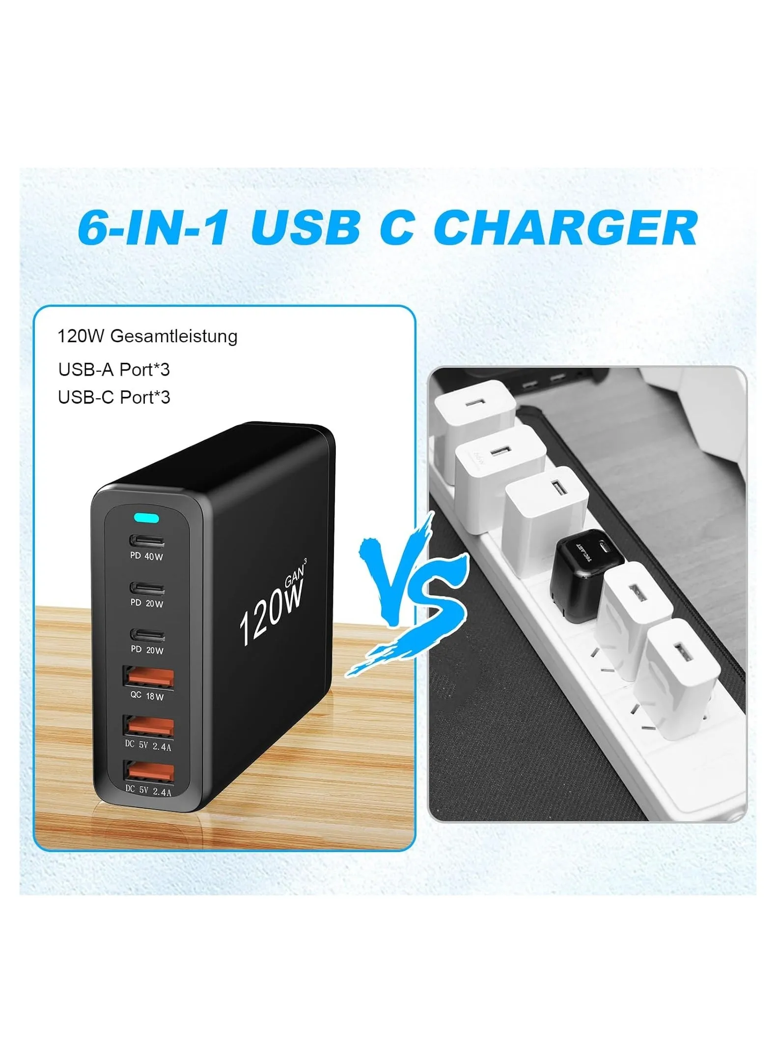 شاحن USB متعدد، شاحن سريع 120 وات USB C، قابس USB C 6 منافذ، محطة شحن USB وType C محمولة، محول شريط طاقة شاحن حائط متوافق، محور شحن عالمي (التنظيم في المملكة المتحدة)-2