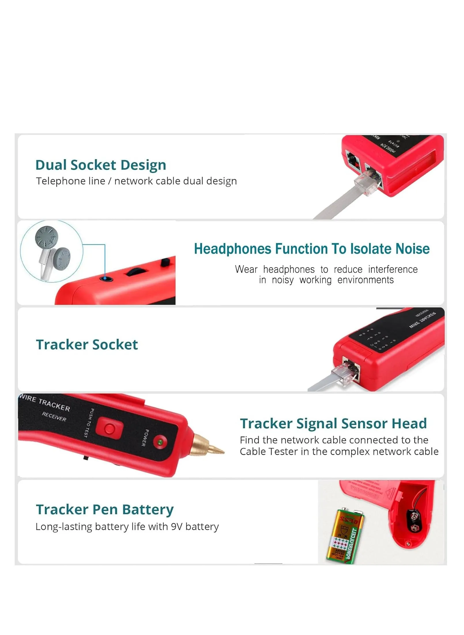 Network Cable Tester, RJ11 RJ45 Interface, Multifunctional with Probe, Maintenance Organizer for Telephone Line Testing-2