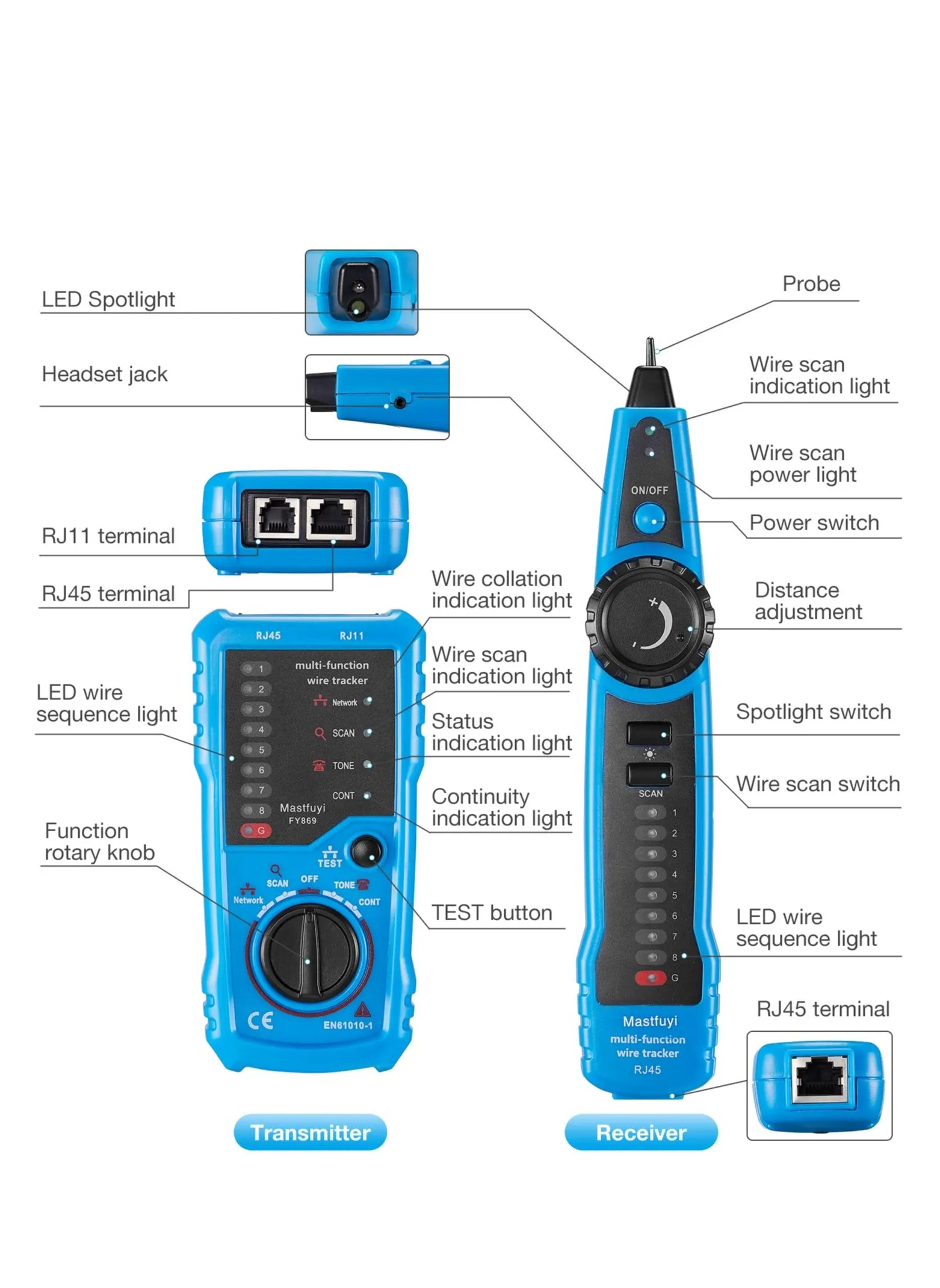 اختبار كابل الشبكة، مكتشف خط RJ11 RJ45، جهاز تعقب الأسلاك متعدد الوظائف مع مسبار، معايرة تسلسل الكابل، تجميع صيانة كابل شبكة Ethernet LAN Cat5 Cat6، اختبار خط الهاتف-2