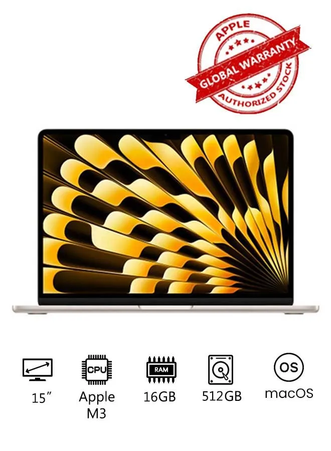 جهاز MacBook Air الجديد لعام 2024 بشاشة مقاس 15 بوصة، ووحدة معالجة مركزية Apple M3 Chip 8-Core، ومعالج رسوميات 10-Core/ذاكرة الوصول العشوائي (RAM) سعة 16 جيجابايت/محرك أقراص SSD سعة 512 جيجابايت/بطاقة رسومات Intel UHD باللغة الإنجليزية/العربية Starlight-1