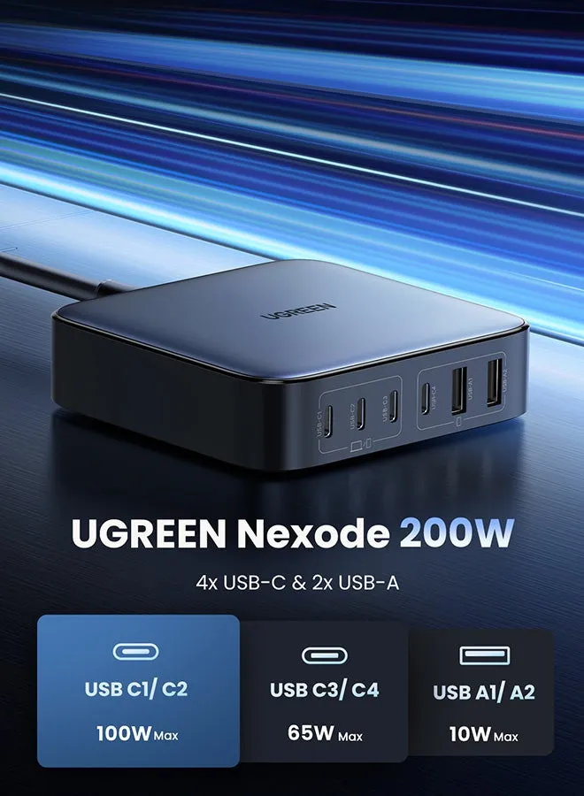 شاحن Nexode 200W سريع محول GaN تايب سي 6 في 1 قابس جداري يواس بي محول الطاقة متوافق مع ماك بوك برو / لينوفو / HP / هواوي / ايفون / سامسونج جالاكسي س23 / ون بلس / شاومى / بنك الطاقة والأجهزة الأخرى أسود-2