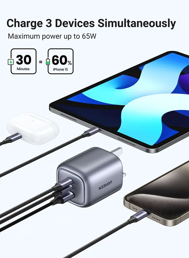 شاحن Nexode GaN بقدرة 65 وات USB C، شاحن كمبيوتر محمول قابل للطي بثلاثة منافذ من النوع C، قابس شاحن حائط سريع متوافق مع MacBook Pro/Air، HP/Dell/Lenovo، iPad، iPhone 15 Pro Max، Galaxy S24 23، كاميرا Steam Deck SLR رمادي-2