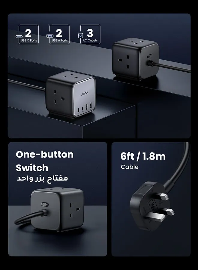 شاحن USB C من Nexode GaN 65 واط، محطة شحن ديجينيست مكعب المتعددة الوظائف 7 في 1 مع قابس شاحن سريع بـ 4 منافذ USB، منفذ طاقة متعدد مع 3 مقابس تيار متردد AC، وكابل تمديد بطول 1.8 متر للمكتب والمنزل وما إلى ذلك. أسود-2