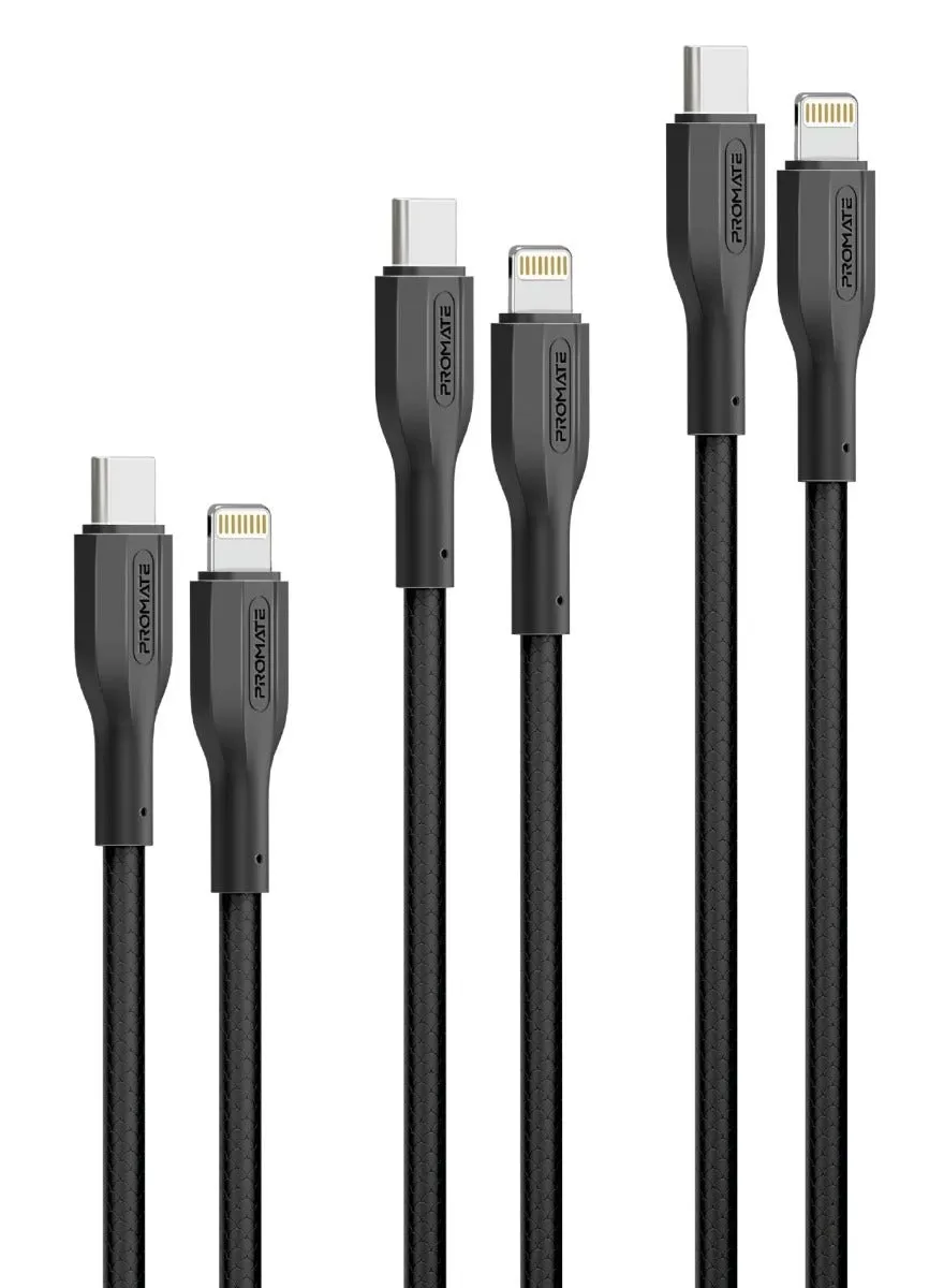 مجموعة من 3 كابلات USB-C إلى Lightning، كابلات مزامنة وشحن Lightning ثلاثية فائقة السرعة مع PD بقوة 27 وات، وأطوال سلك متعددة (0.3 متر، 1.2 متر، 2 متر) واختبار انحناء 25000+ وأسلاك خالية من التشابك، CableKit-Ci-1