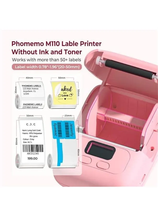 Phomemo Label Maker Machine with Tape, M110 Barcode Label Printer - Portable Bluetooth Thermal Labeler for Address Jewelry Retail Small Business Home Office Compatible Phones &PC Pink-2