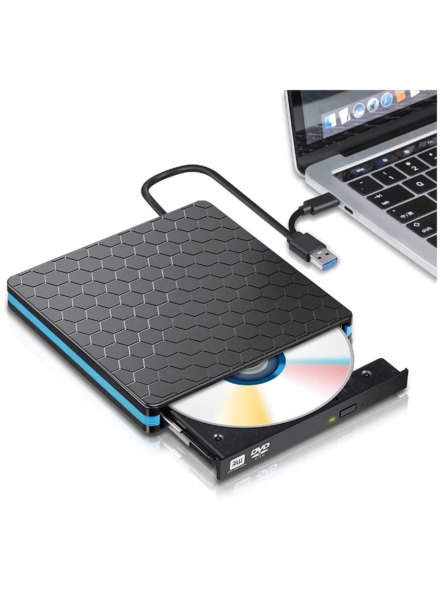 محرك أقراص DVD خارجي محمول مزود بمنفذ USB 3.0 وType-C لأجهزة الكمبيوتر المحمول / سطح المكتب / Mac / Windows 10/8/7 / XP و Linux-1