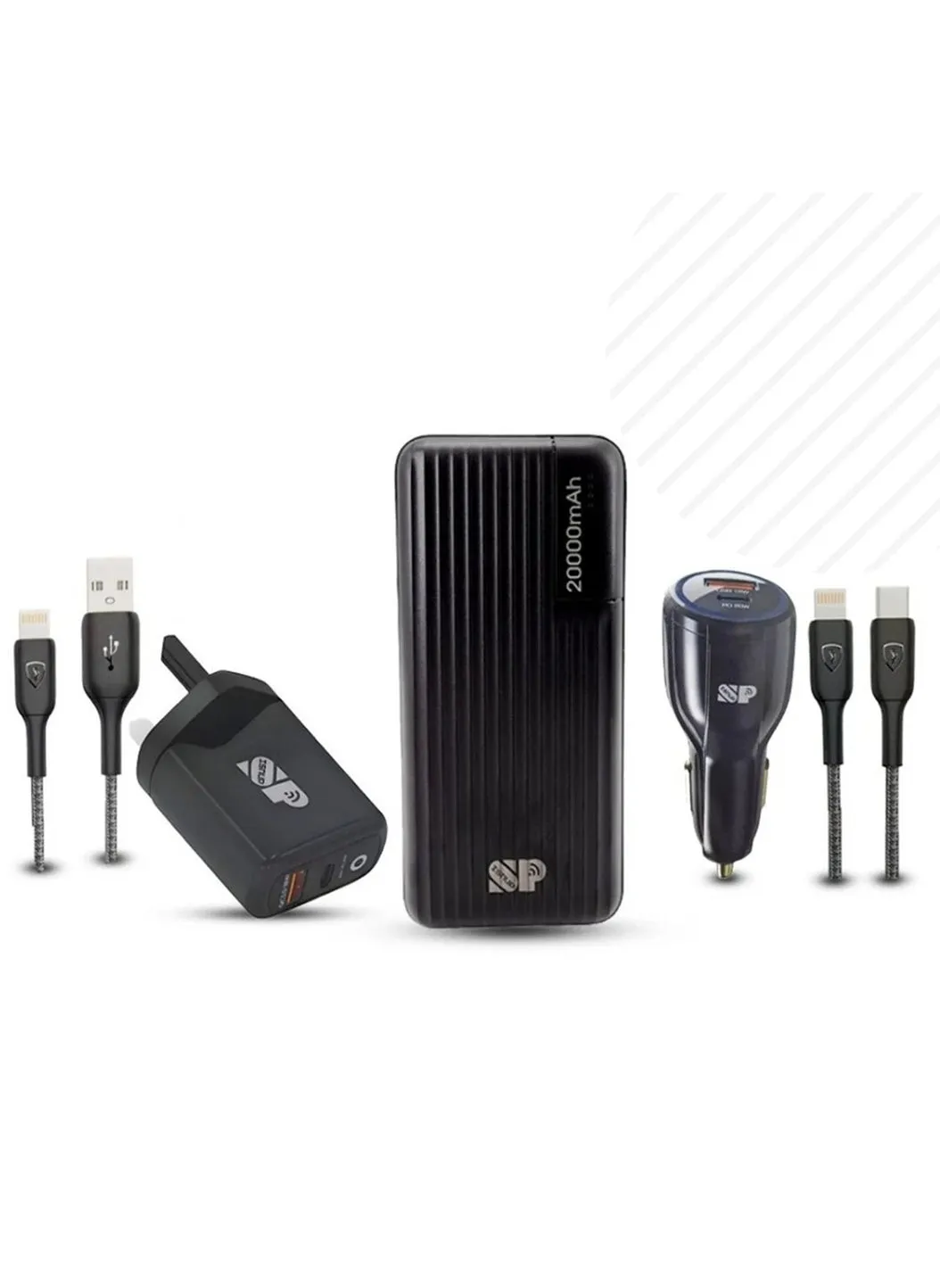 باور بنك 20000 22.5W(منفذ PD 18W+منفذين USB) +راس شاحن سيارة PD+USB بقوة 38W +سلك ايفون تايب سي حديد +سلك ايفون PD+USB+شاحن سريع بمنفذين PD - USB قوة 38w لون اسود-1