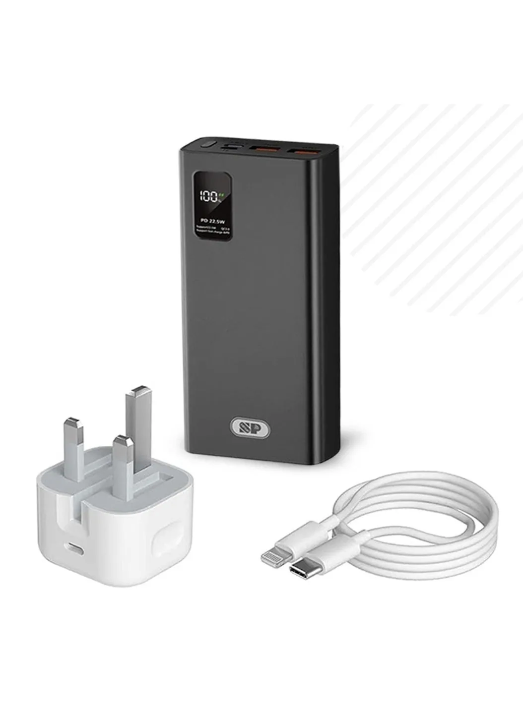 باور بانك 30000 (منفذ PD 22.5 واط + 4 USB) مع شاشة لمعرفة مقدار الشحن+راس شاحن PD قوة 36 واط +كيبل PD ايفون لون ابيض-1