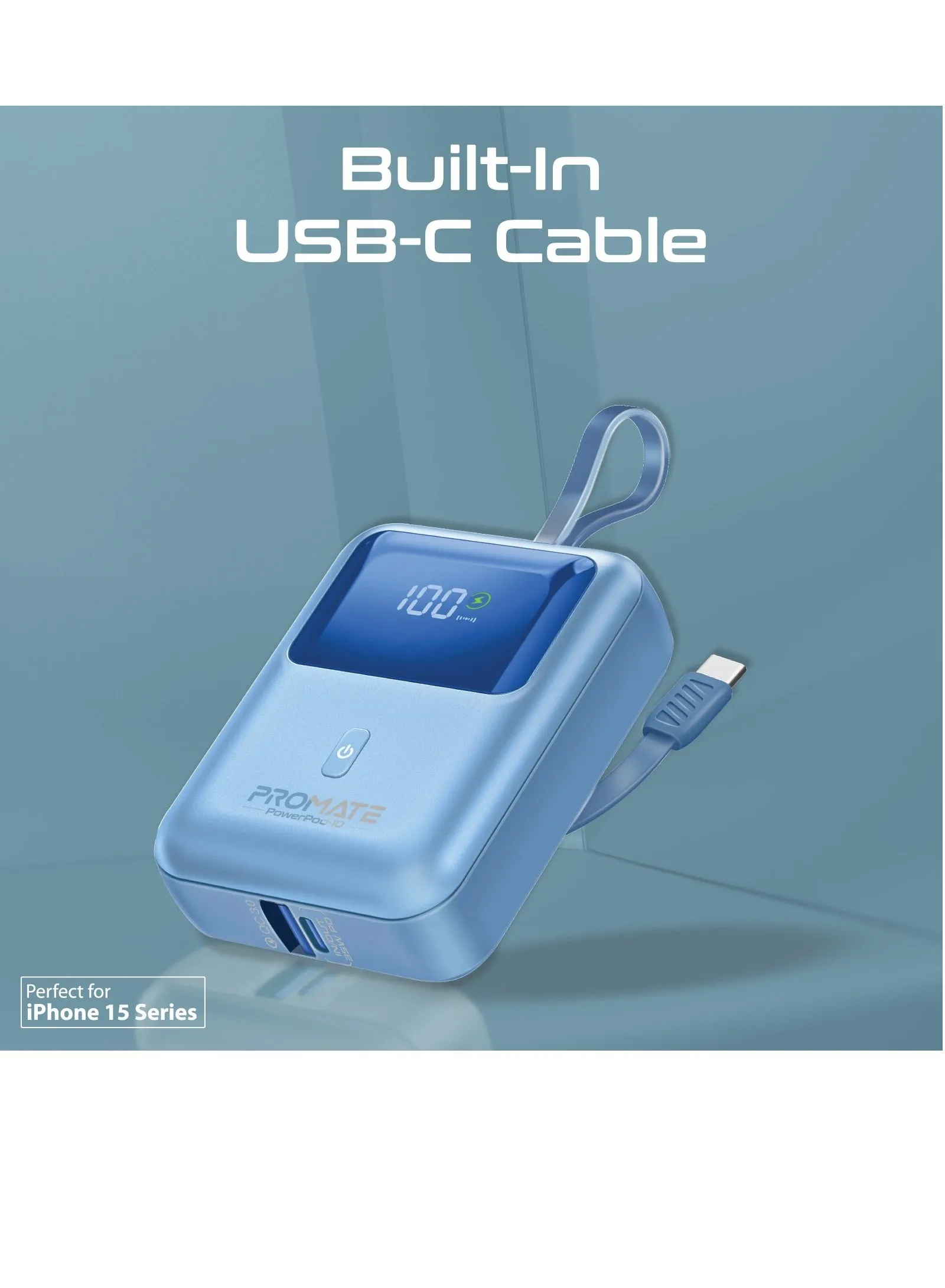 بنك طاقة مع كابل USB-C مدمج، بنك طاقة مدمج للشحن السريع بقدرة 10000 مللي أمبير في الساعة، توصيل طاقة USB-C بقدرة 35 وات ومنفذ USB-A Qualcomm QC 3.0 بقدرة 18 وات، PowerPod-10 أزرق-2