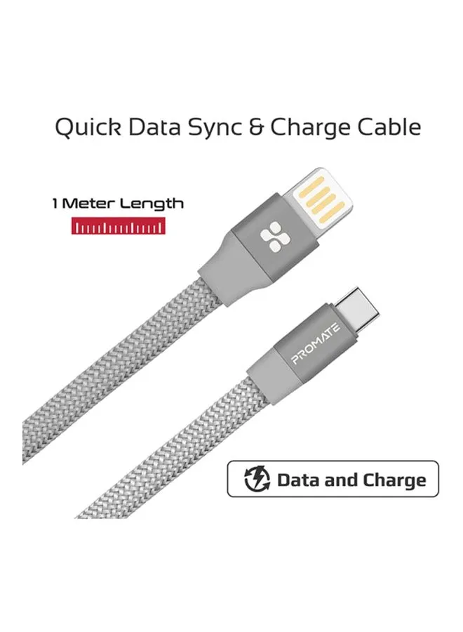 كابل USB-A إلى Type-C مصنوع من خليط معدني من الألومنيوم المضفر عالي الجودة وقابل للعكس مع شحن سريع بتيار 2 أمبير رمادي-2