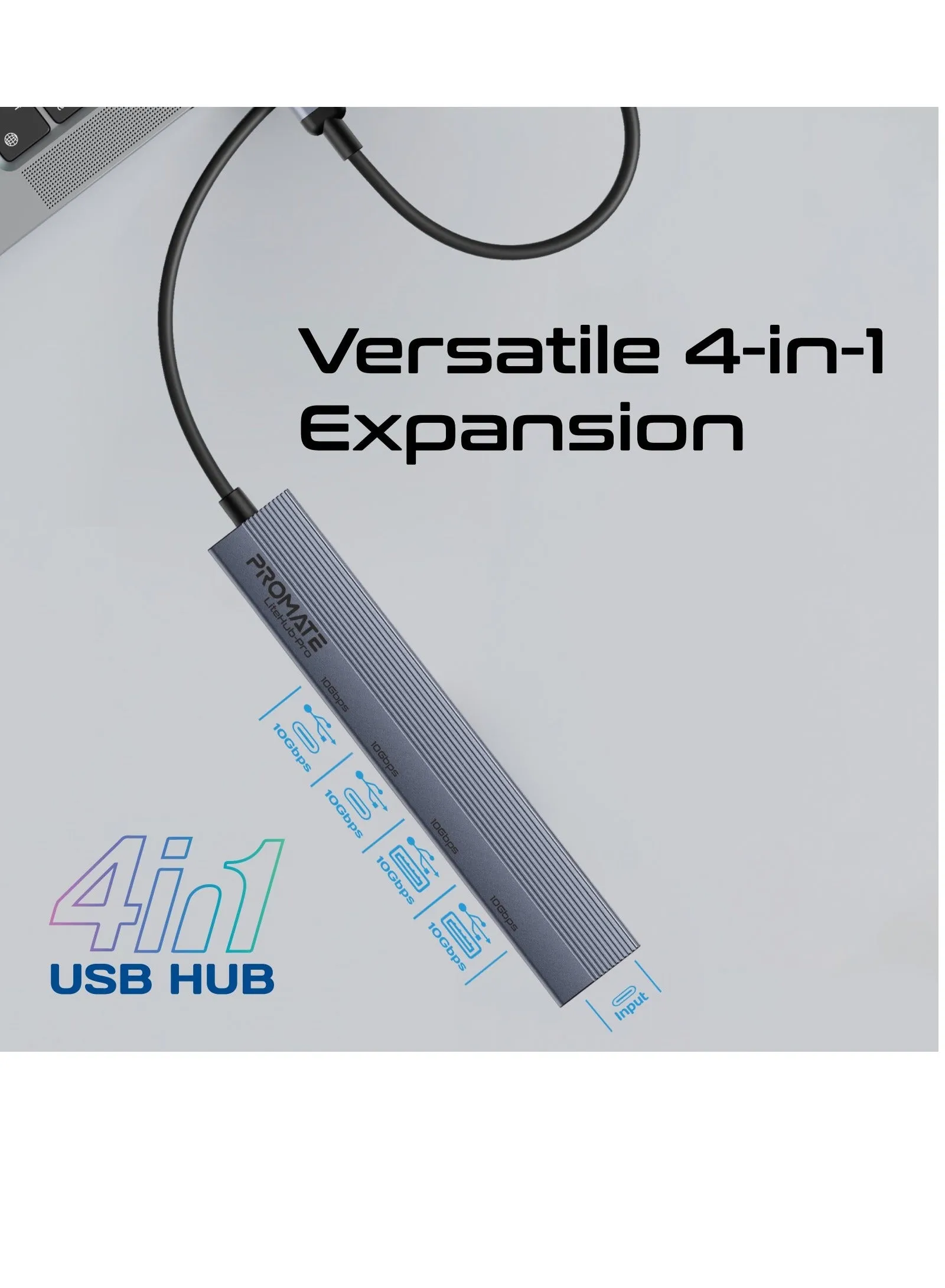 موزع عرض متعدد 4 في 1 من بروميت، منافذ USB-A مزدوجة ومنافذ USB-C مزدوجة مع نقل بيانات بسرعة 10 جيجابت في الثانية، ومدخل إمداد طاقة USB-C بقدرة 15 وات، وتصميم مضغوط، وموصل USB-C مدمج، و التوصيل والتشغيل للكمبيوتر المحمول باللون الرمادي-2