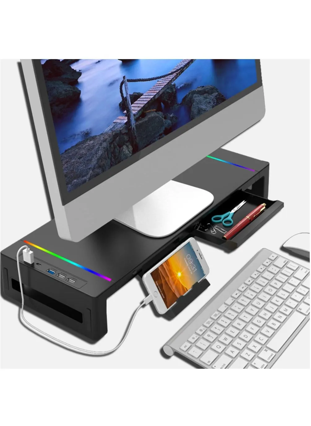 RGB Monitor Stand Riser Laptop Holder with 4 USB Hubs Storage Drawer and Phone Holder for Office Work-1