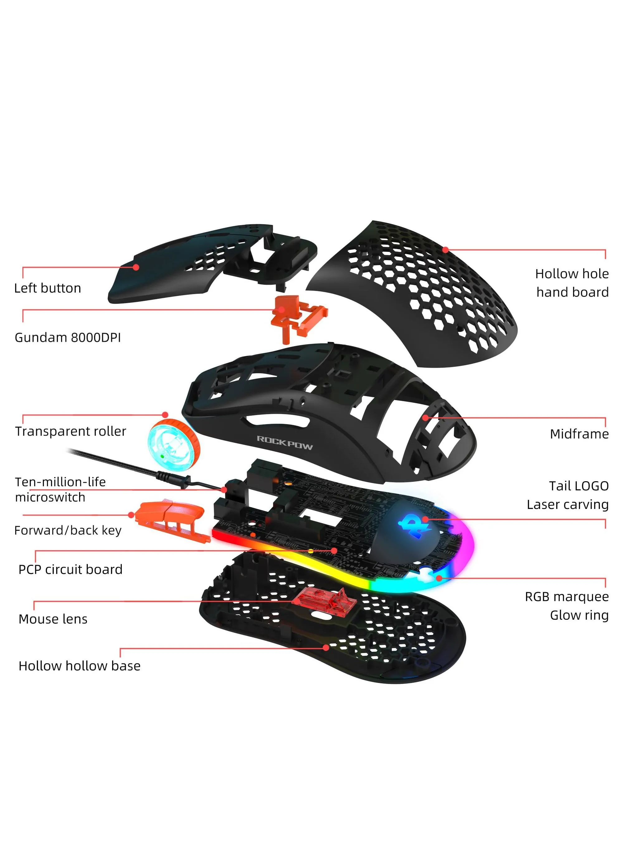 روك ماوس الألعاب الخلوية POW الترا خفيفة الوزن عالية الدقة 8000 إدارة شؤون الإعلام وأجهزة الاستشعار البصرية 6 أزرار قابلة للبرمجة RGB مريح السلكية RGB الماوس لعبة مناسبة لأجهزة الكمبيوتر المحمولة ماك-2