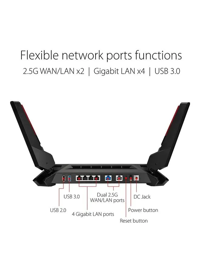 راوتر الألعاب ROG Rapture WiFi 6 AX (GT-AX6000) - منافذ WAN/LAN مزدوجة النطاق 2.5 جيجا هرتز، وحدة معالجة مركزية رباعية النواة بسرعة 2.0 جيجا هرتز، تسريع الألعاب ثلاثي المستوى، متوافق مع AiMesh، أمان الإنترنت مدى الحياة، حماية فورية-2