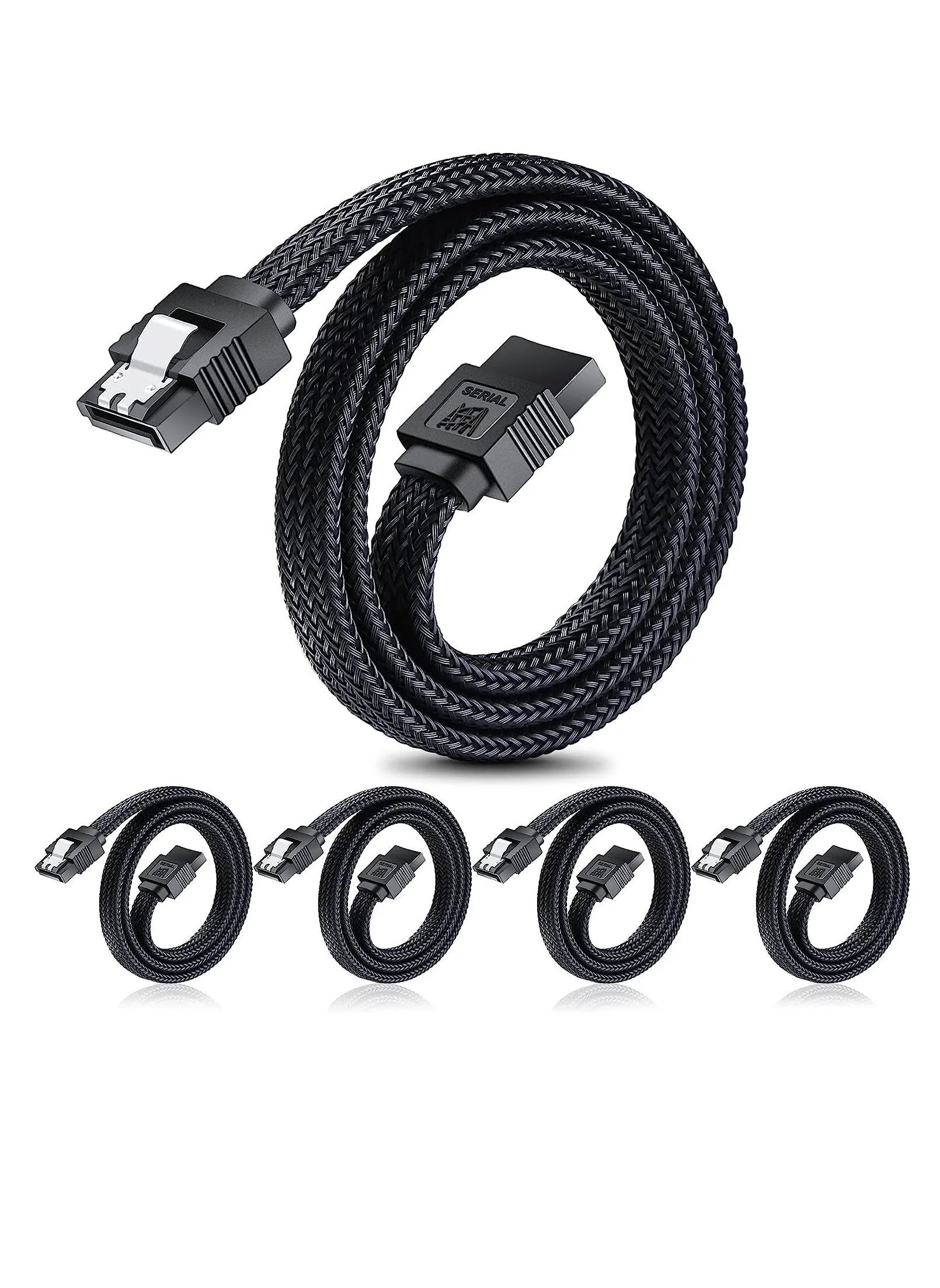 SATA III Cable, 6Gbps Straight HDD SDD Data Cable, SATA 3.0 Nylon Braided Cable with Locking Latch for SATA HDD, SSD, CD Driver, CD Writer, 20 Inch, Black, 5 Pack-1