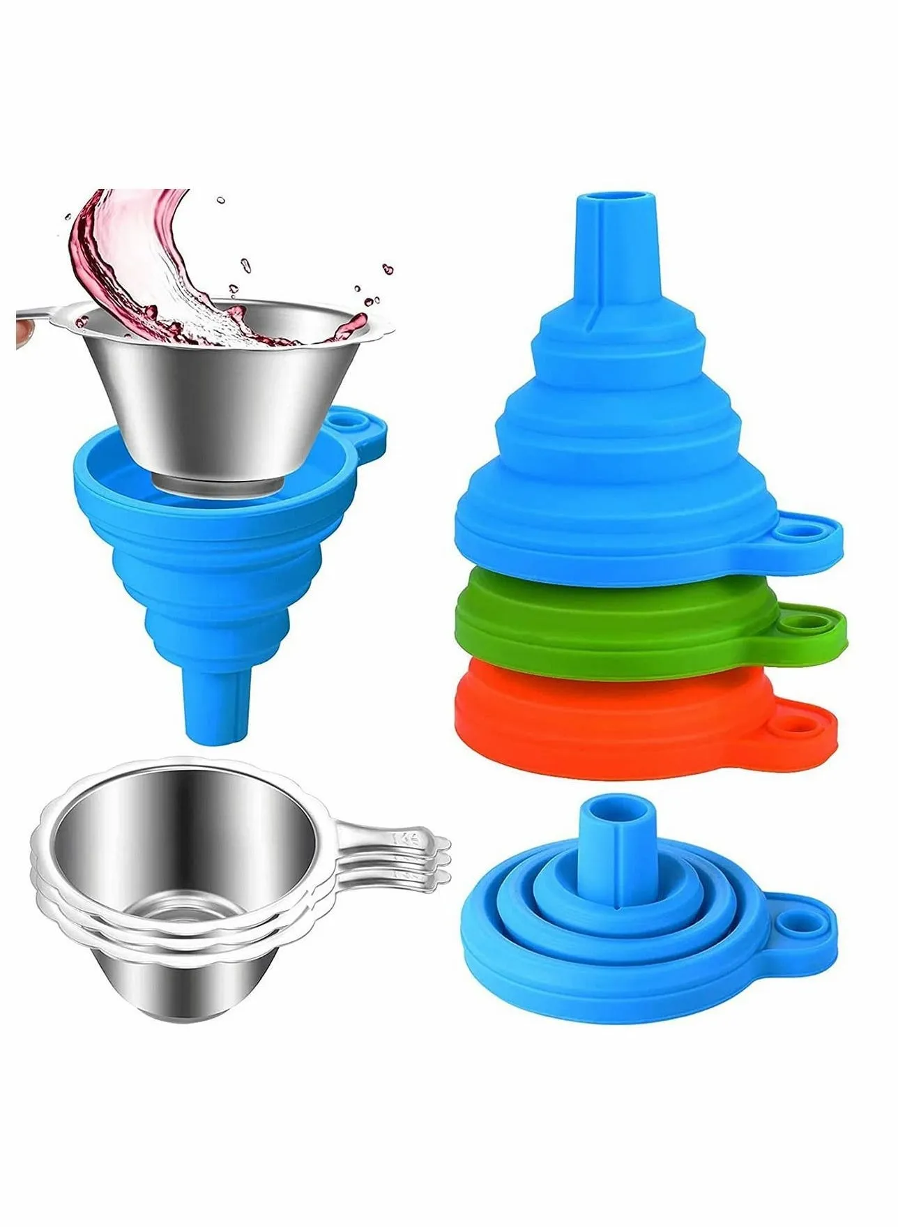 Silicone Funnel 3 Pack 3D Printer Accessories Include Collapsible Funnels and Stainless Steel Resin Filter Cups for Pouring Back into Bottle, Easy to Clean Organize-1