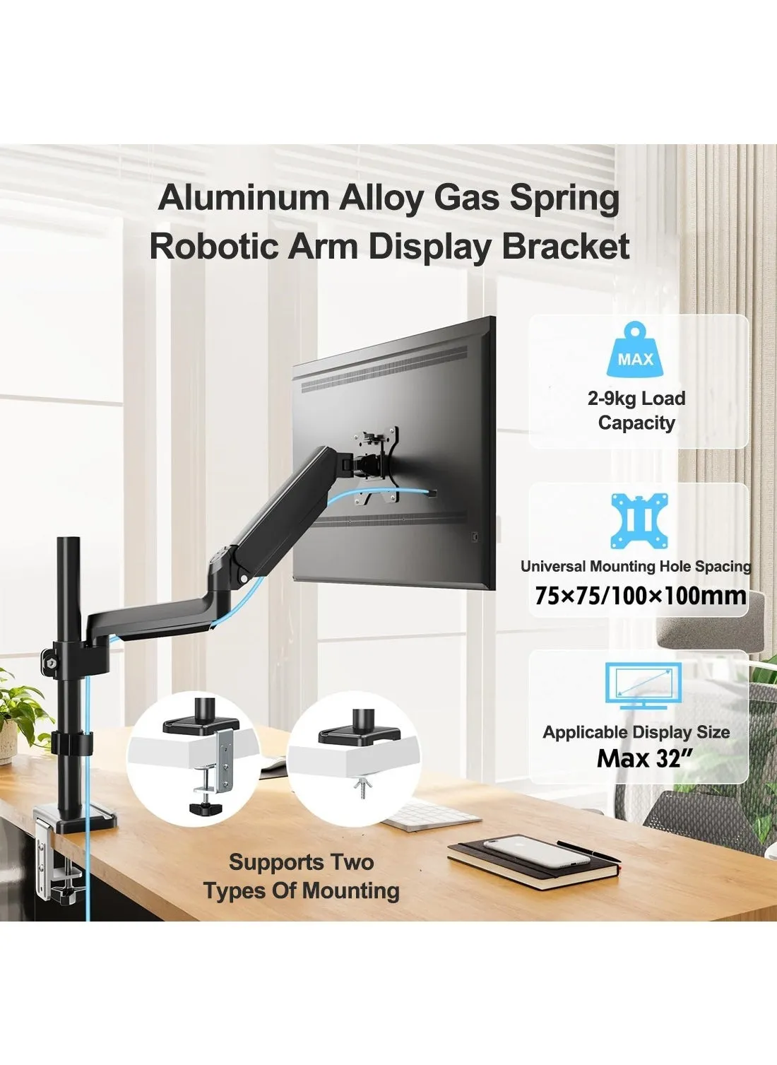 Single Monitor Mount Gas Spring Monitor Arm,Desk Mount Fully Adjustable Fits 13-32 inch Monitors-2