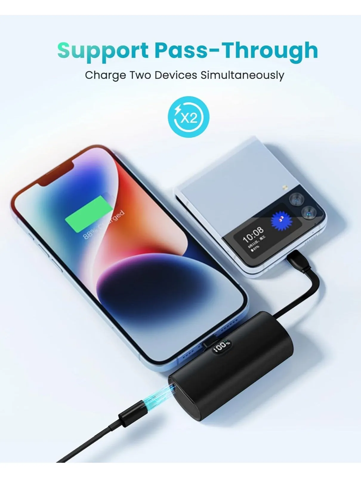 بنك طاقة صغير مدمج مع كابل USB C لهاتف iPhone 15 Pro Max، شاحن محمول بسعة 5000 مللي أمبير في الساعة مع كابل USB C وشاحن فائق الصغر لهاتف iPhone 14/13/Samsung/Google/TCL/LG/أجهزة لوحية تعمل بنظام Android (أسود)-2