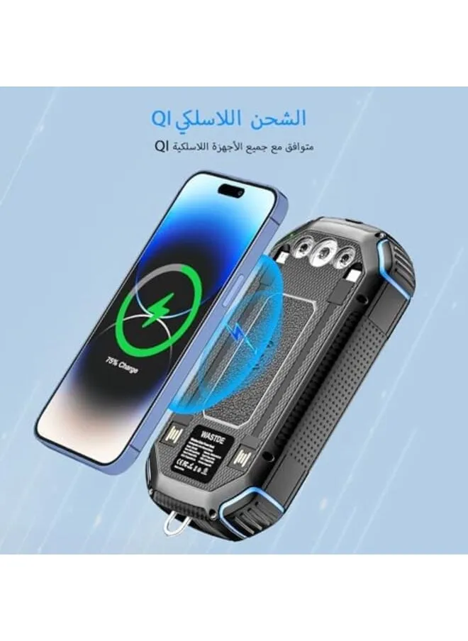 بنك الطاقة الشمسية 26800 مللي أمبير مع 3 كابلات شاحن شمسي لاسلكي 4 مخارج 3 مداخل 15 وات USB C شحن سريع بنك طاقة محمول مدمج في حلقة تسلق للمصباح للتخييم في الهواء الطلق باللون الأزرق-2