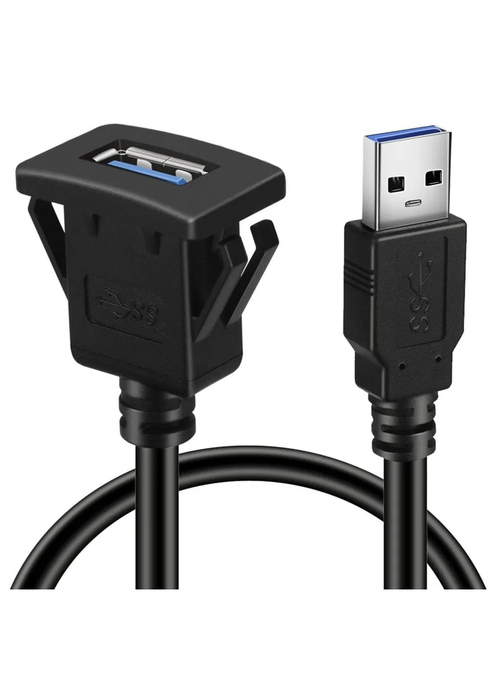 Square Single Port USB 3.0 Panel Flush Mount Extension Cable with Buckle, for Car Truck Boat Motorcycle Dashboard 1ft-1