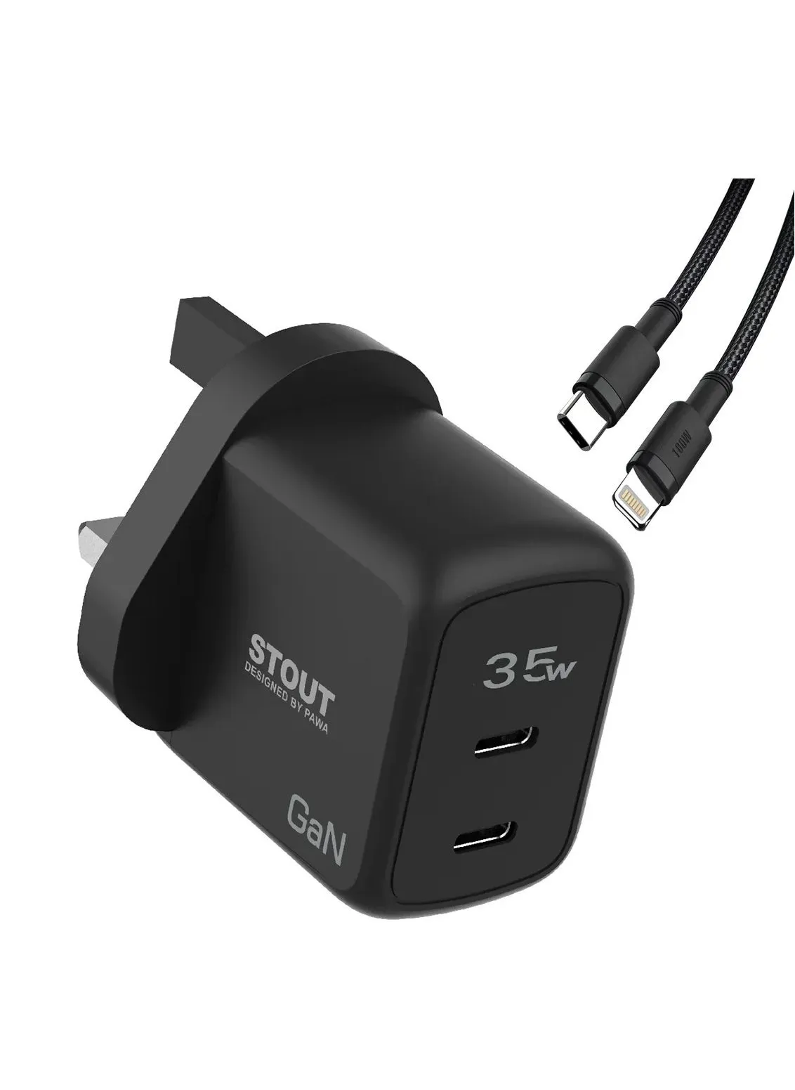 Stout Gan Travel Charger With Single PD port 35W-C To Lightning-Black-1