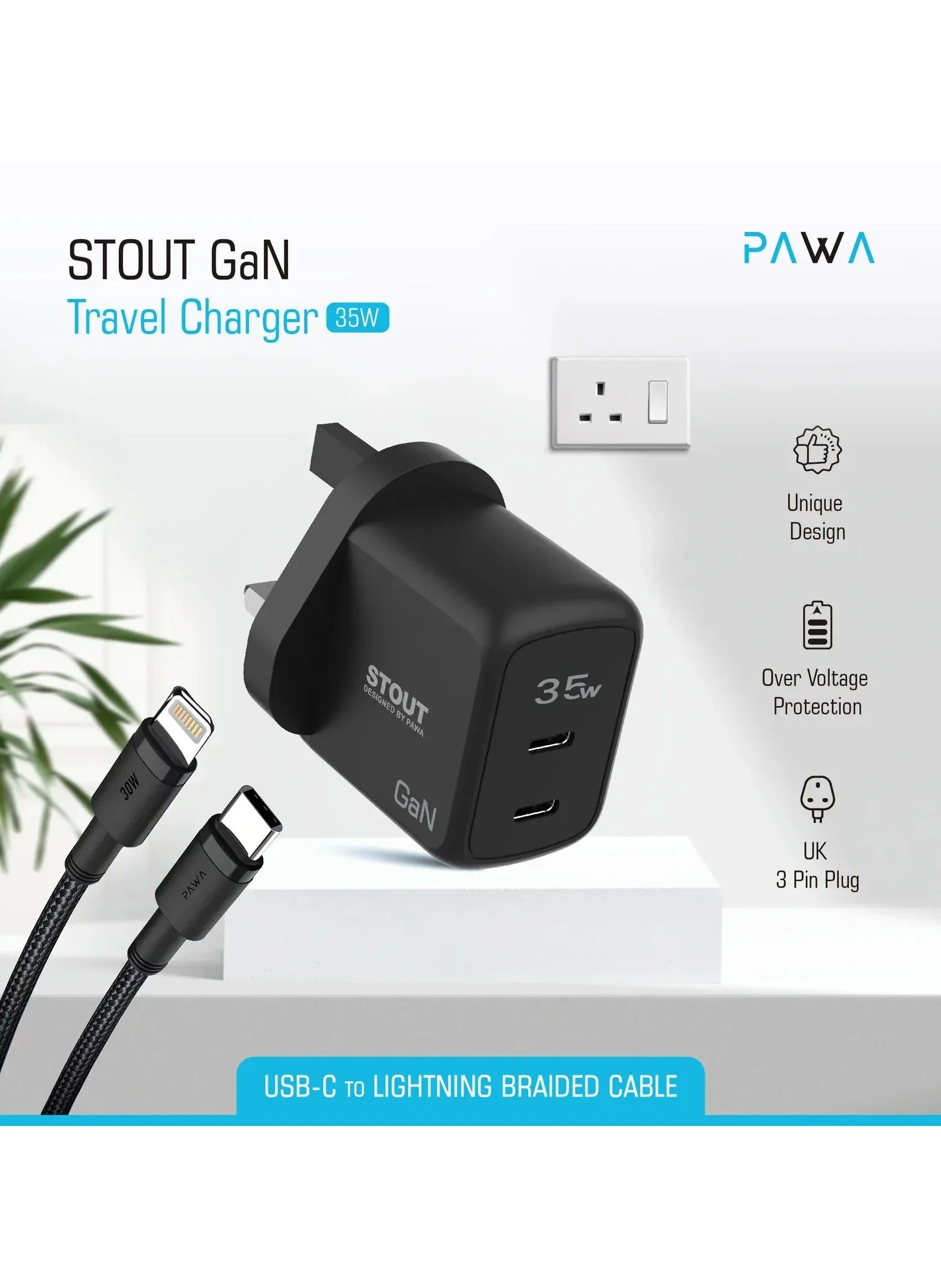 Stout Gan Travel Charger With Single PD port 35W-C To Lightning-Black-2