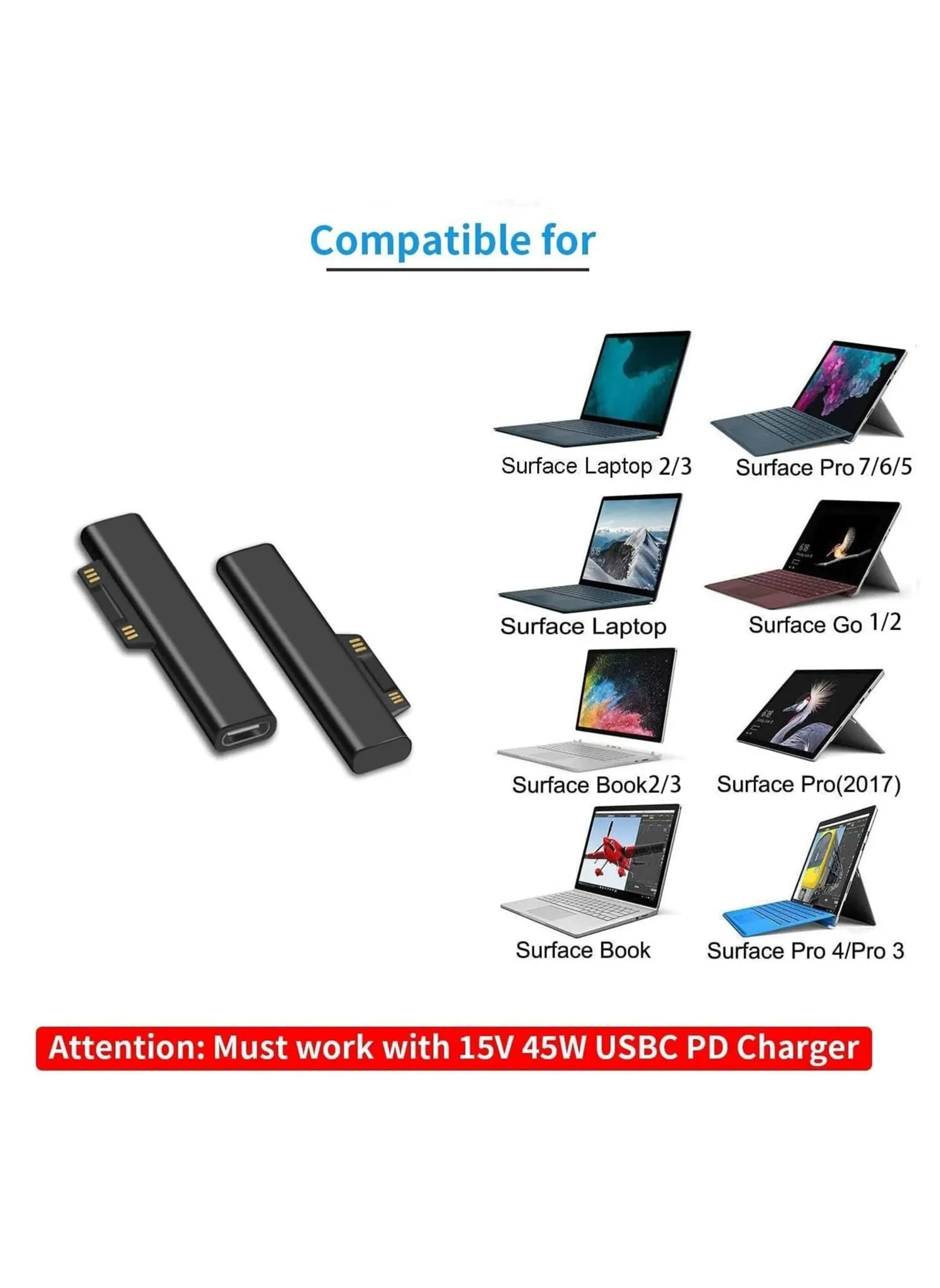 موصل شحن Surface Connect to USB C متوافق مع Microsoft Surface Pro 7 6 5 4 3 Go 1 2 Surface Laptop 4 3 2 1 يعمل مع مصدر طاقة USBC بقدرة 45 وات 15 فولت 3 أمبير وكابل USB-C 3 أمبير قطعتين-2