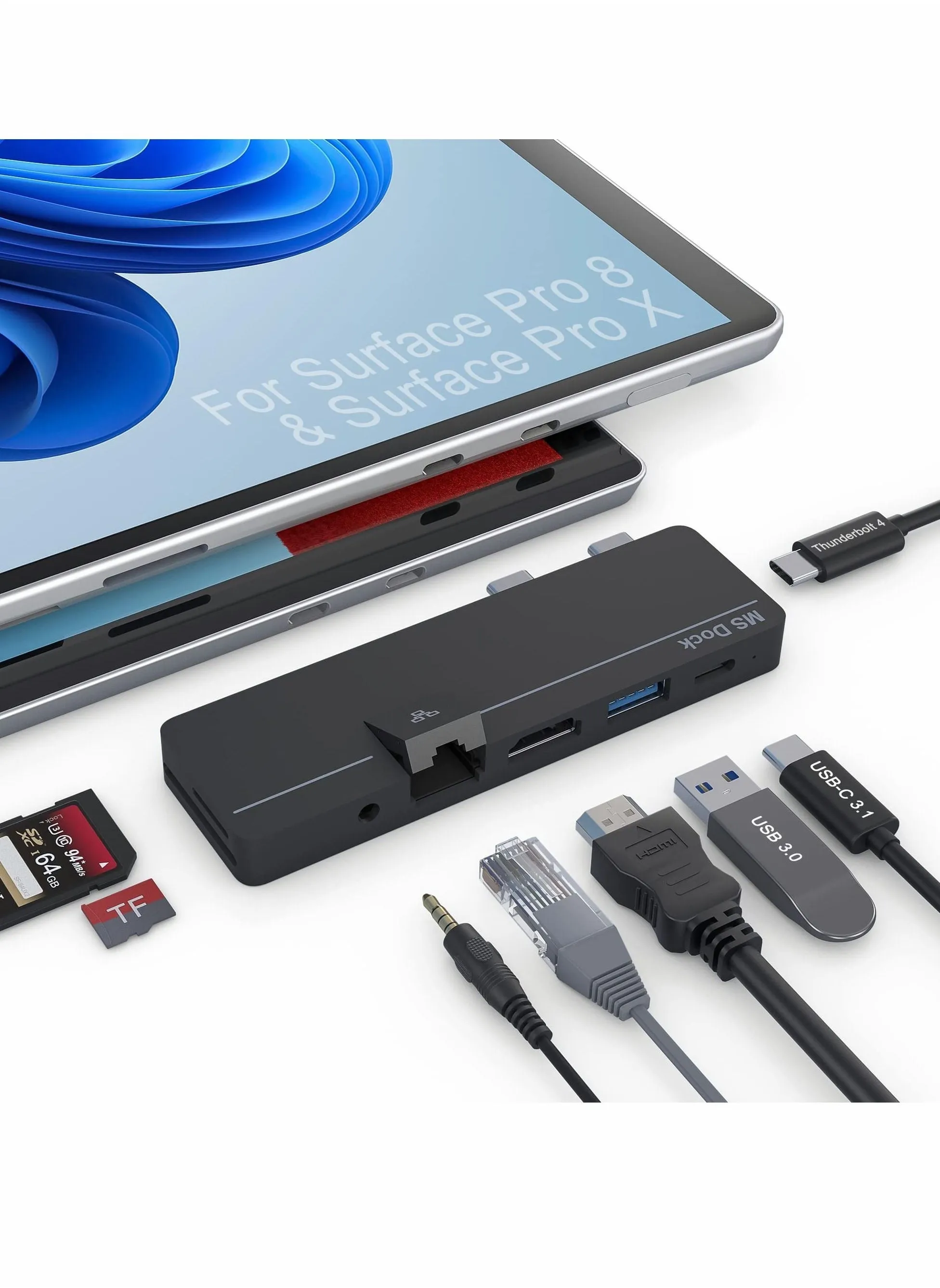 محطة إرساء Surface Pro 8 Hub مع منفذ HDMI بدقة 4K، ومنفذ USB-C Thunerbolt 4 (شاشة + بيانات + شحن PD)، ومنفذ USB 3.0، ومنفذ USB C (بيانات)، وشبكة LAN 100M، والصوت، وفتحة بطاقة SD+TF، وشاشة ثلاثية لجهاز Microsoft Surface Pro 8/Pro X-1