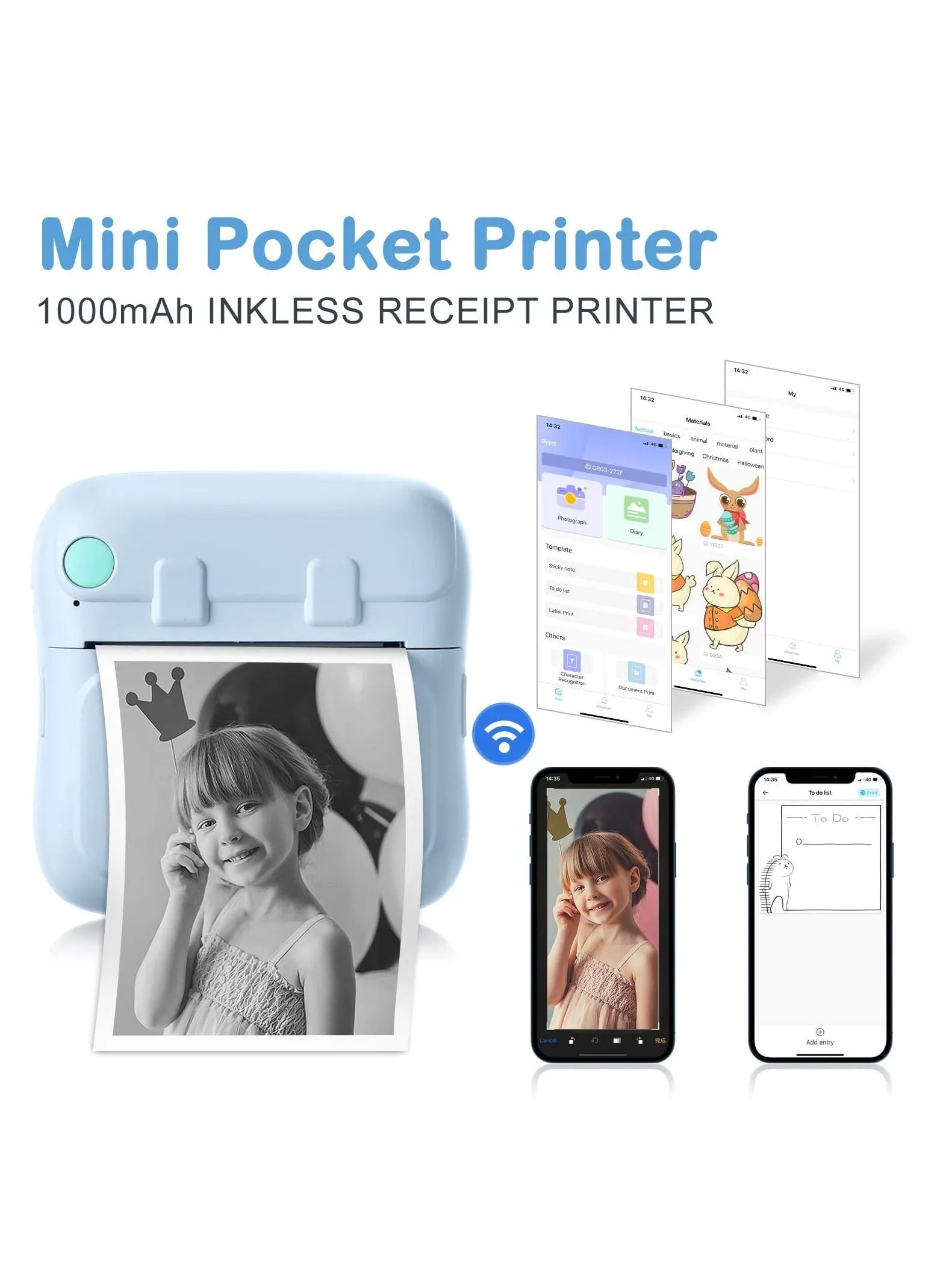 SYOSI Portable Mini Printer, Thermal Printer Bluetooth Photo Inkless Pocket with 7 Rolls of Paper for Picture/Label/Memo/Receipt (Blue)-2