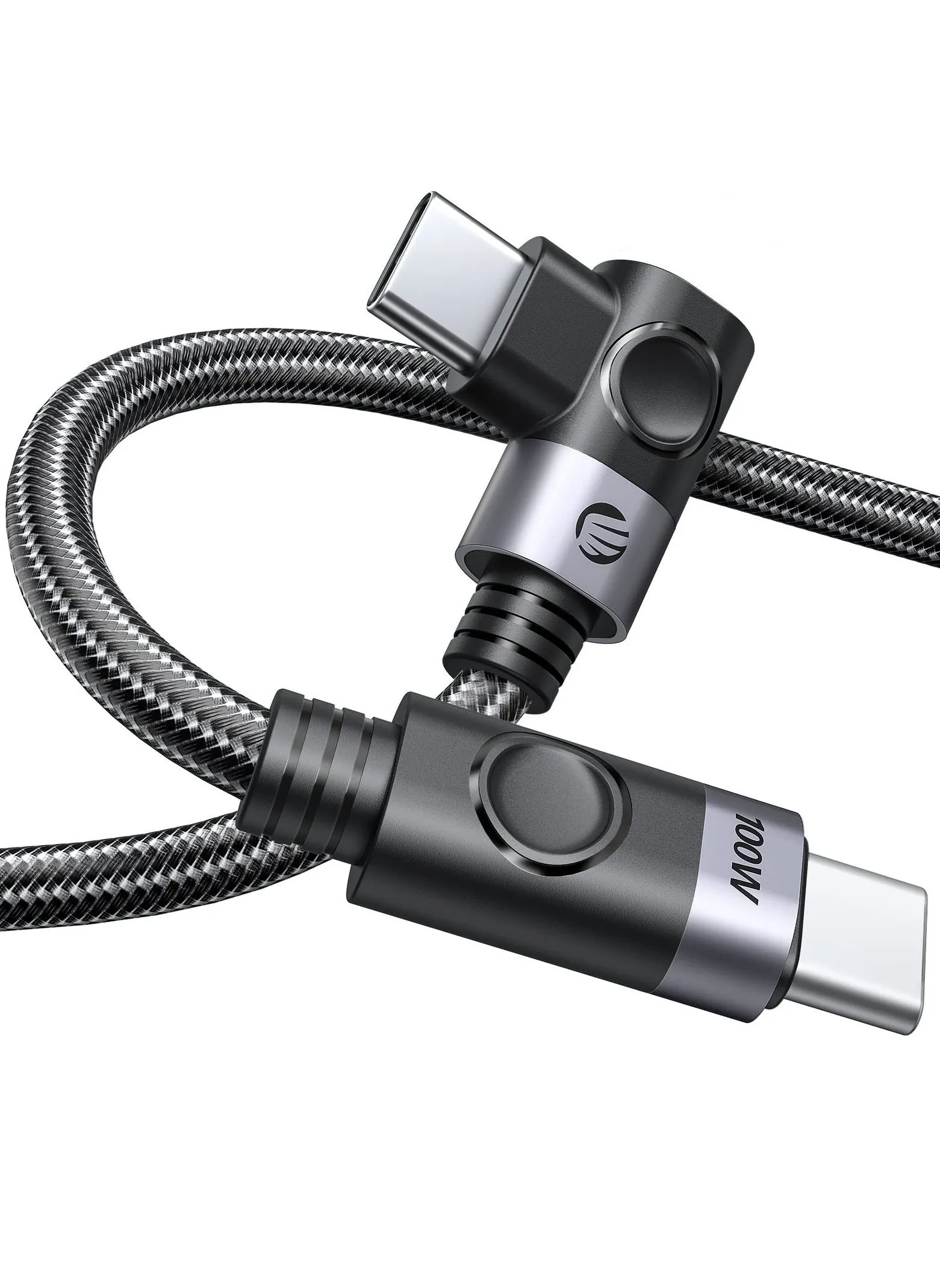 كابل SYOSI USB C إلى USB C بقوة 100 وات، كابل شحن سريع بزاوية 90 درجة 20 فولت/5 أمبير من النوع C PD، كابل USB C مضفر من النايلون مع حزام تخزين، متوافق مع MacBook وiPad وSamsung وPixel وما إلى ذلك-1