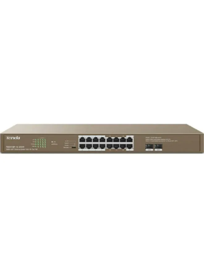 محول إيثرنت TEG1118P-16-250W 16GE+2SFP مع 16 منفذ PoE، سعة التبديل 36 بت في الثانية، جهد إدخال 100-240 فولت تيار متردد 50/60 هرتز، حماية من البرق 6 كيلو فولت، مصدر طاقة 250 واط، TEG1118P-16-250 واط بني-1