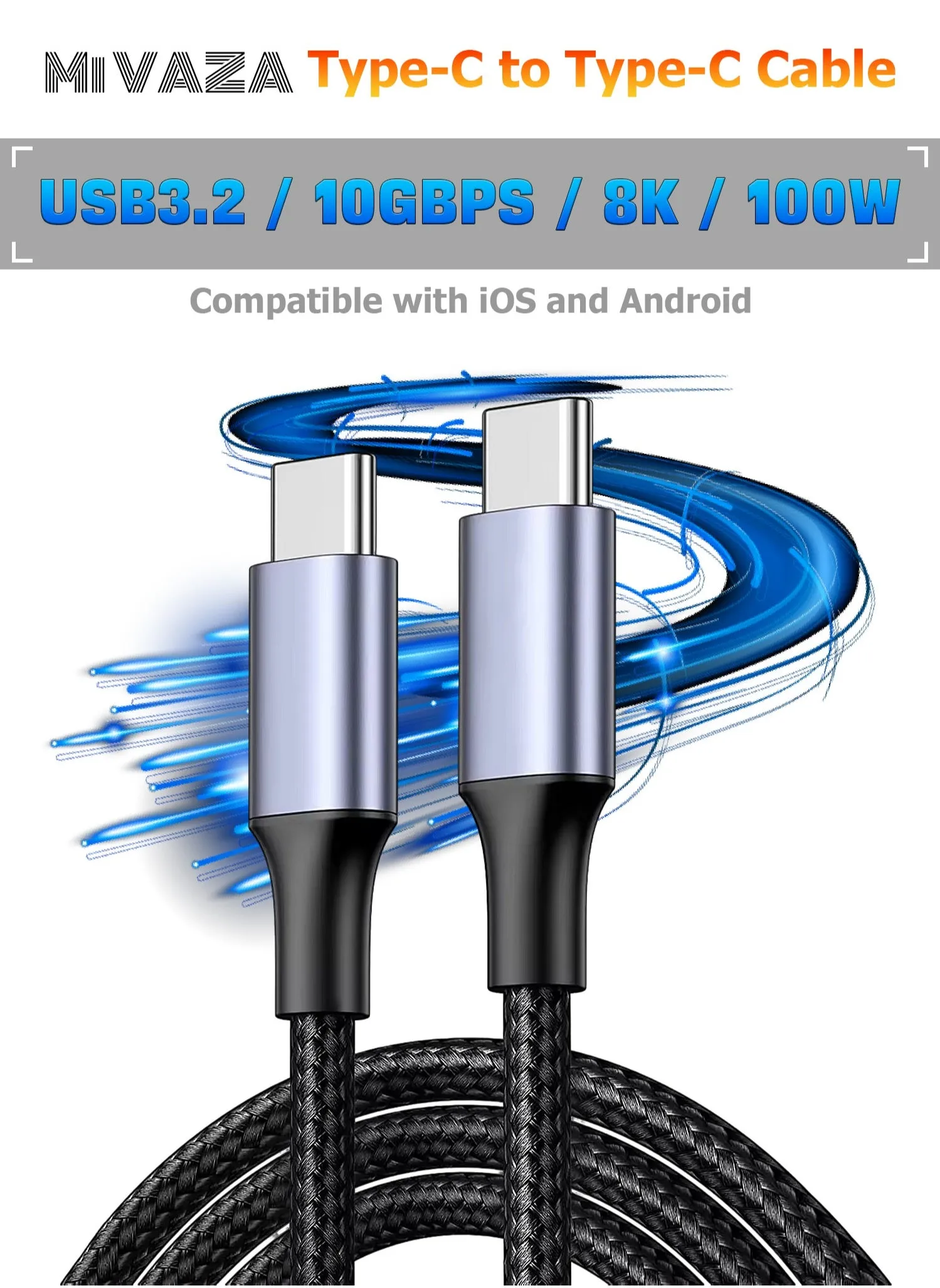 كابل USB 3.2 من النوع C إلى النوع C - نقل بيانات بسرعة 10 جيجابت في الثانية - كابل شاشة 4K و8K - كابل مجدول عالي الكثافة - كابل شحن سريع 100 وات متوافق مع iOS iPhone/MacBook/iPad/Android/Samsung-1