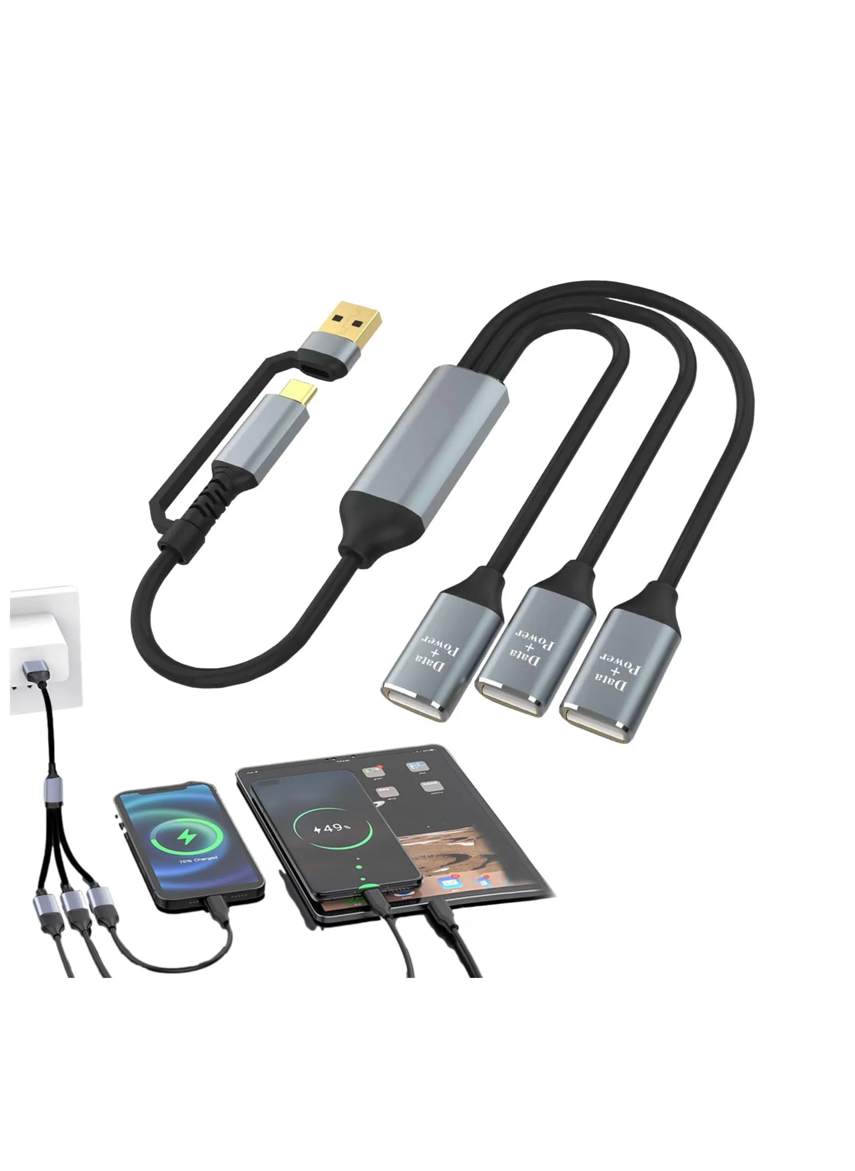 محول كابل من النوع C ذكر إلى 3 USB A أنثى، 2 في 1 USB A ونوع C إلى 3 USB 2.0 OTG، محول سلك دونجل متعدد المحور لأجهزة الكمبيوتر المحمولة والهواتف-1