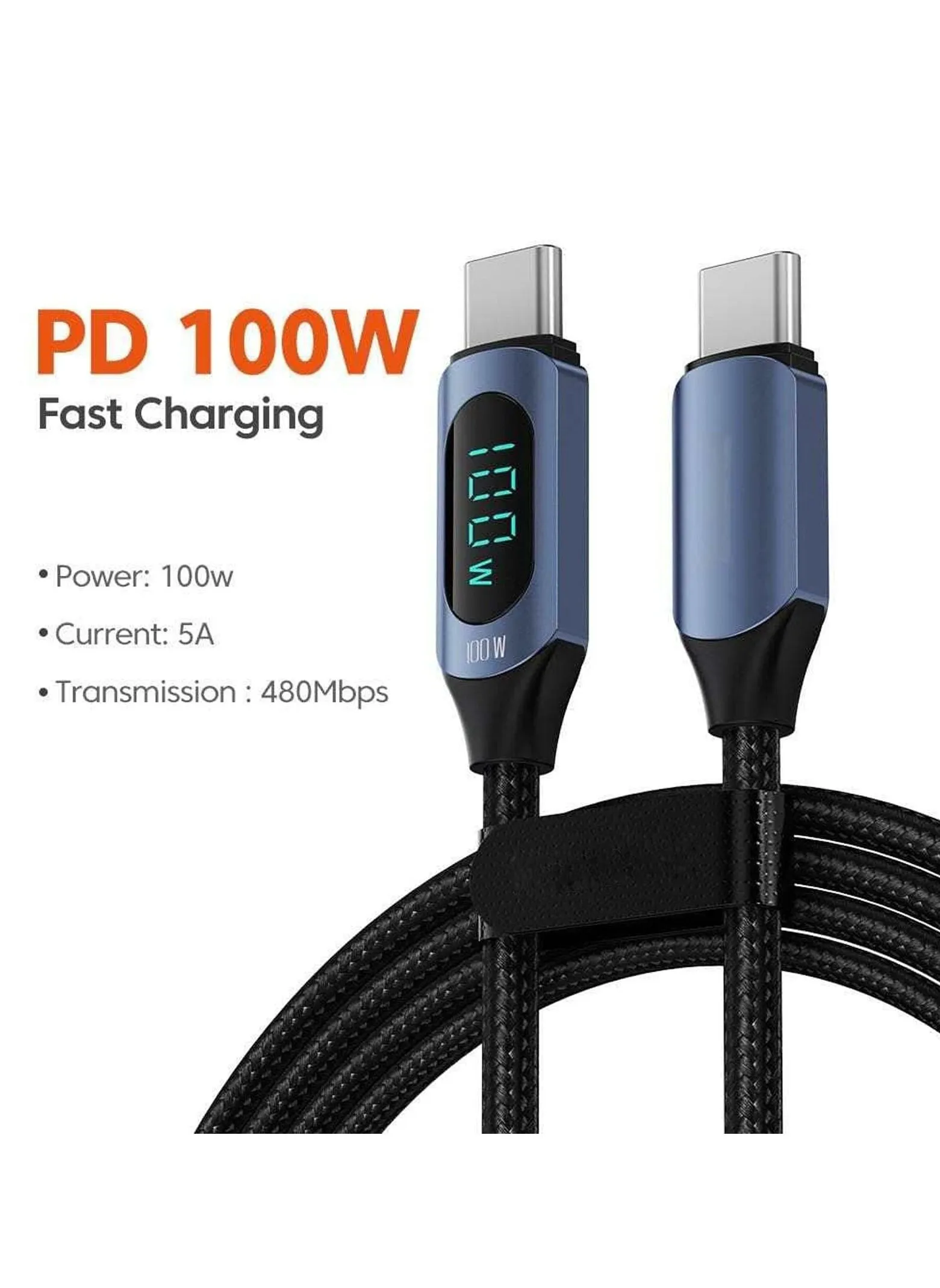 Type C to C Charger Cable, 100W 5A Digital LED Super Fast Turbo Nylon Braided High Stable Current Save Charging Cable for Samsung High-Speed Data Sync Smart Chip 1M-2