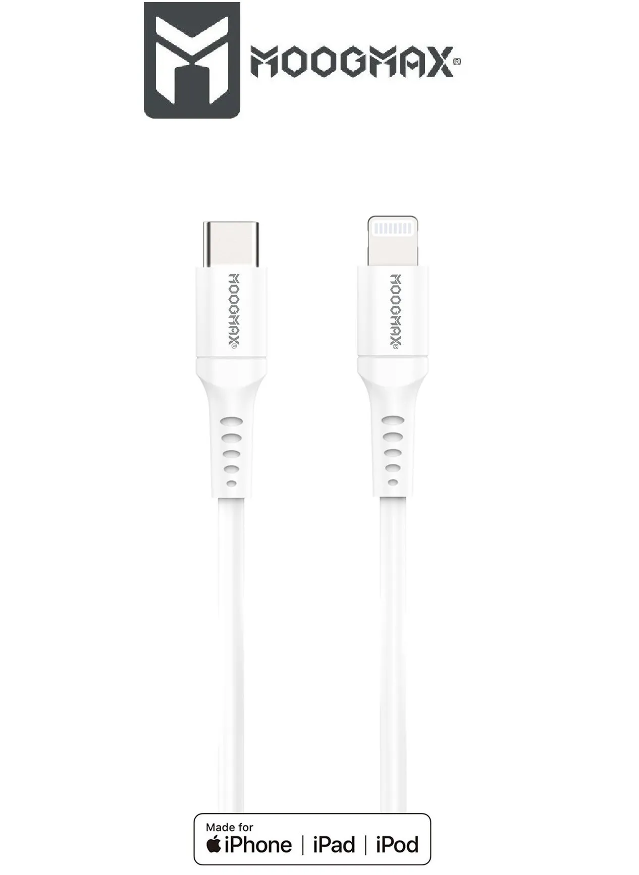 كيبل ايفون معتمد (MFI) من USB-C إلى Lightning (ايفون) بطول 1 متر مصنوع من السيليكون الناعم يدعم الشحن السريع ونقل البيانات. أبيض من موجماكس-2