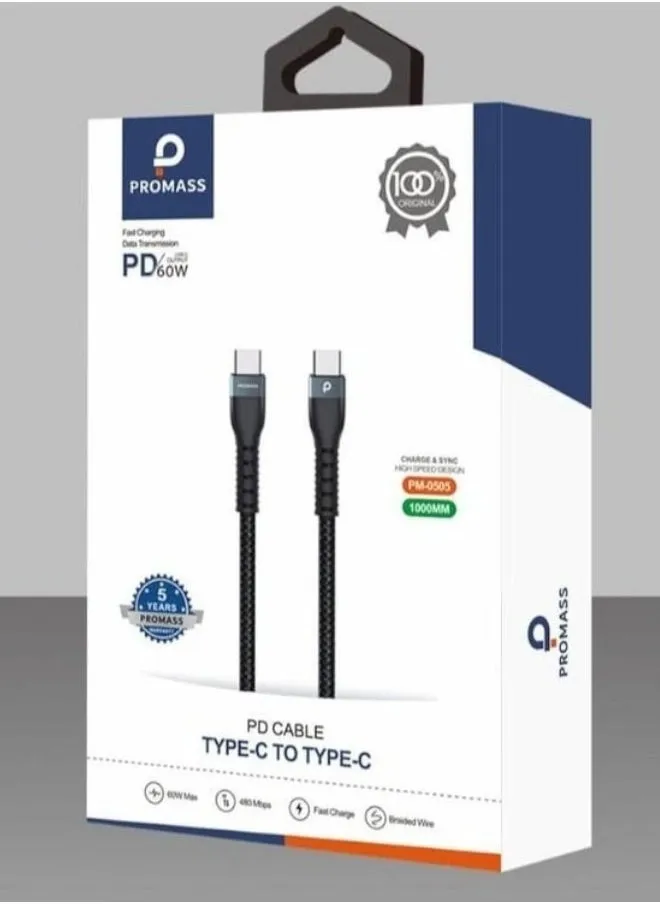 كابل Promass من Type-C إلى Type-C - شحن سريع بقدرة 60 واط ومزامنة البيانات، كابل USB-C بطول 1 متر ومضفر بالنايلون-1