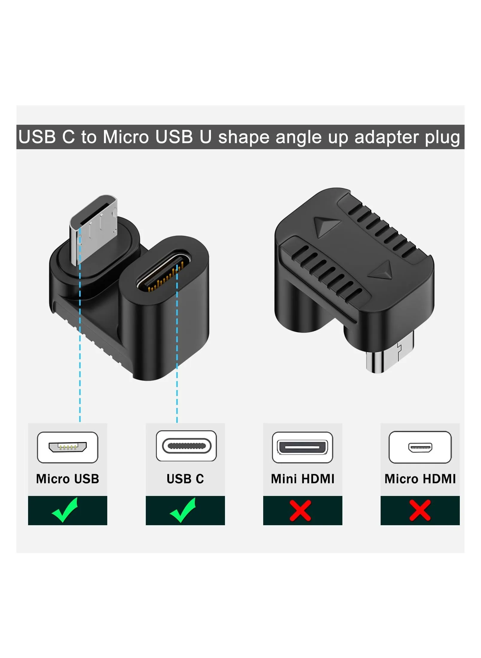 موصل USB C إلى Micro بزاوية على شكل حرف U، موصل USB C أنثى إلى Micro USB ذكر بزاوية 180 درجة لأعلى، موصل 10 وات (5 فولت 2 أمبير) 480 ميجابت في الثانية، درجة ميل على شكل حرف U 5.4 مم، محول طاقة وبيانات، قطعتان (أعلى)-2