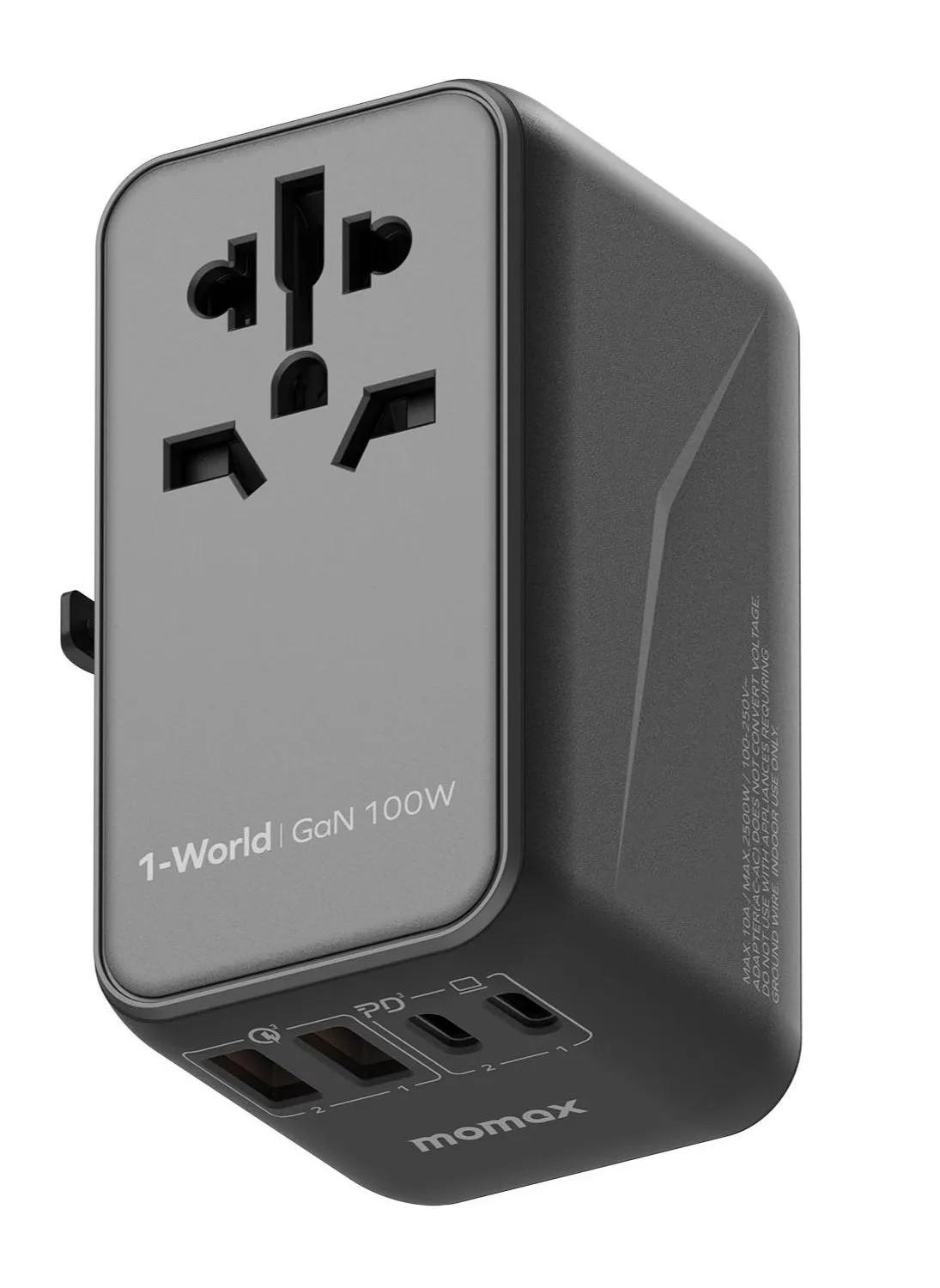 UA10D 1-World 100W GaN 4 Ports + متعدد التوصيل محول السفر متعدد فولت 100-250V USB-C / USB-A - أسود-1